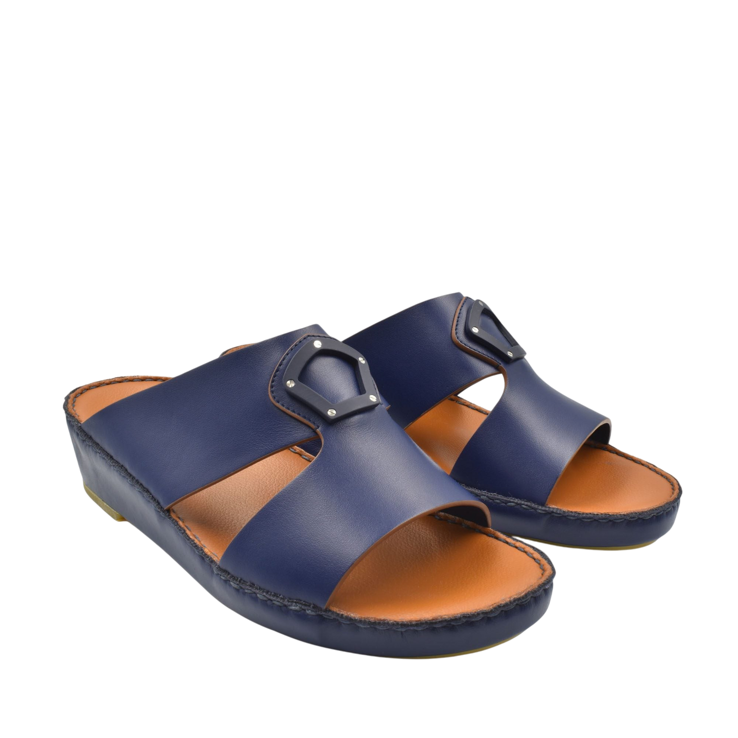 Blue natural leather slide shoes with open toe and cushioned sole from private collection