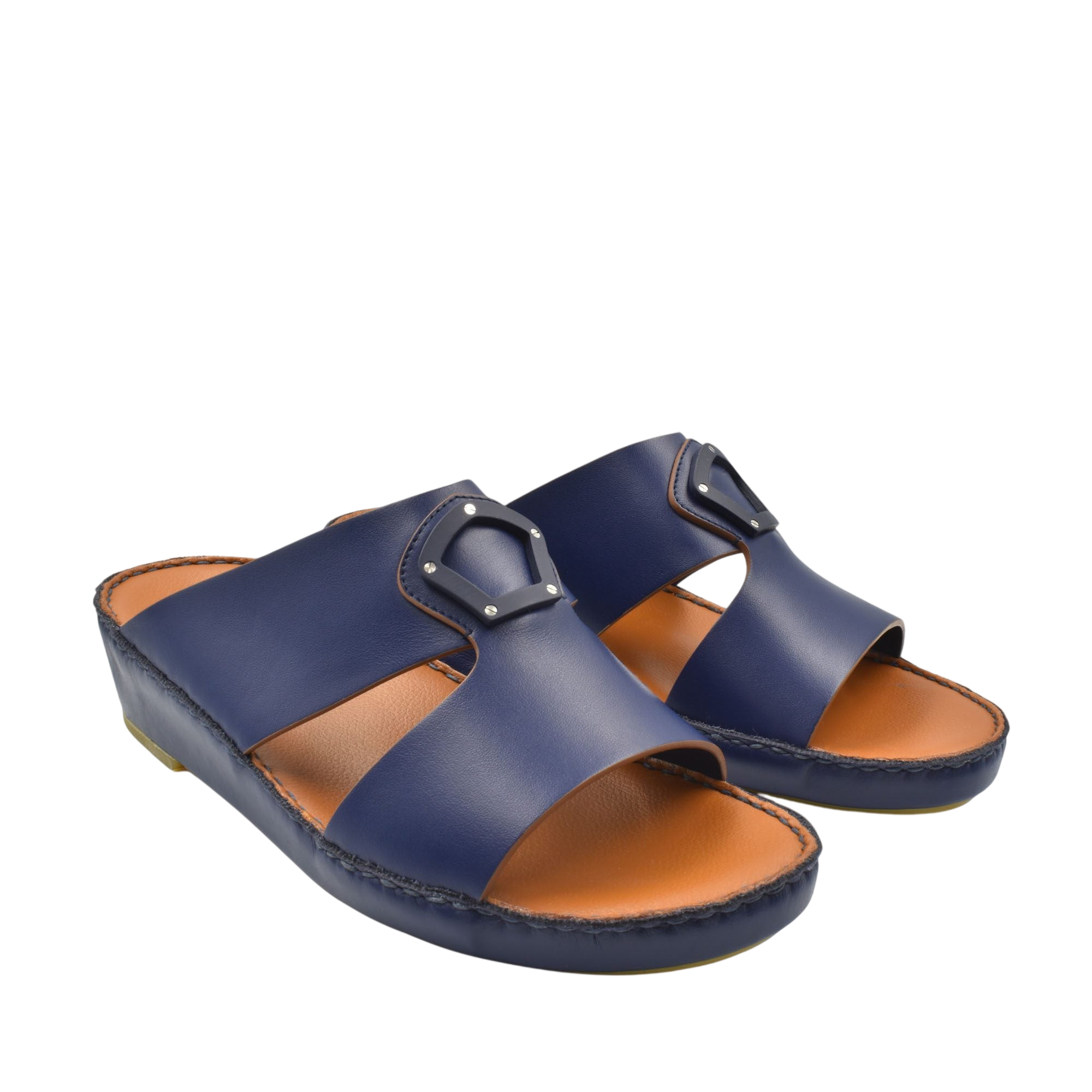 Blue natural leather slide shoes with open toe and cushioned sole from private collection