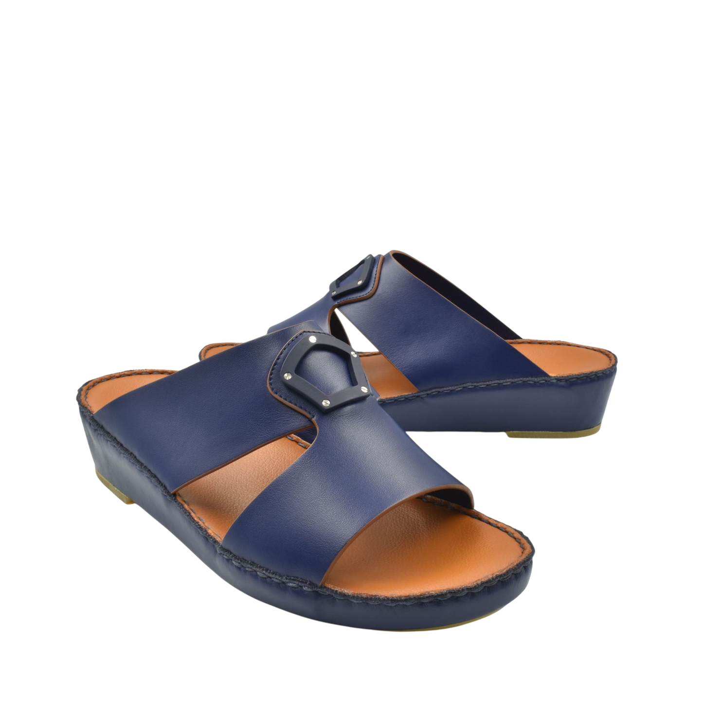 Blue natural leather slide shoes with open toe and cushioned brown footbed for comfortable wear