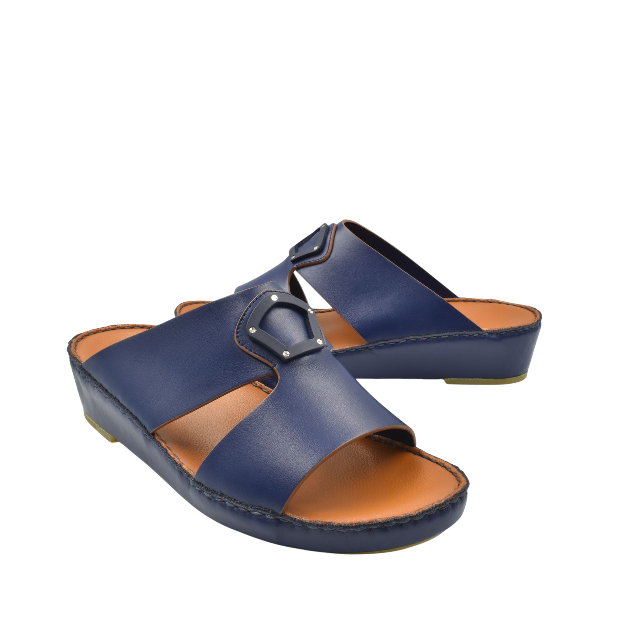 Blue natural leather slide shoes with open toe and cushioned brown footbed for comfortable wear