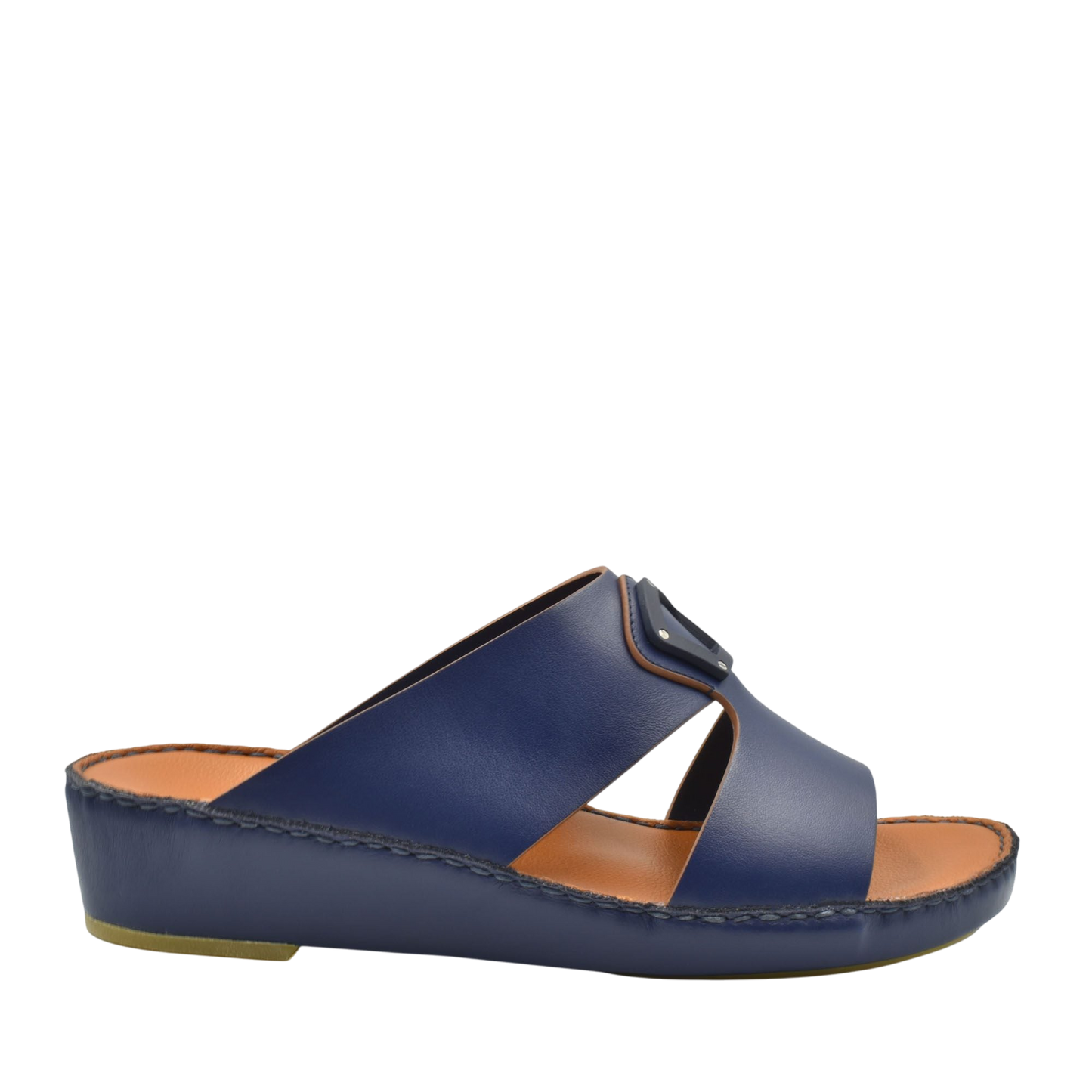 Blue natural leather slide shoes with cushioned sole and adjustable buckle from private collection