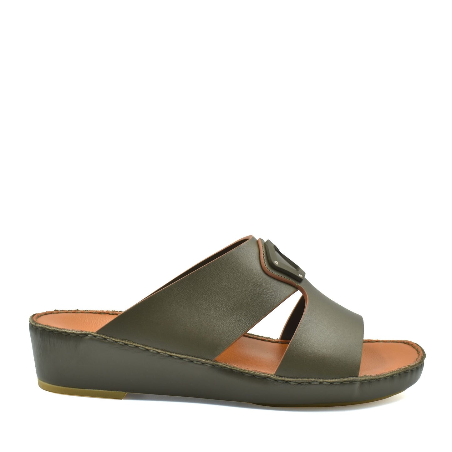 Olive green natural leather slide shoes with cushioned sole and adjustable buckle strap