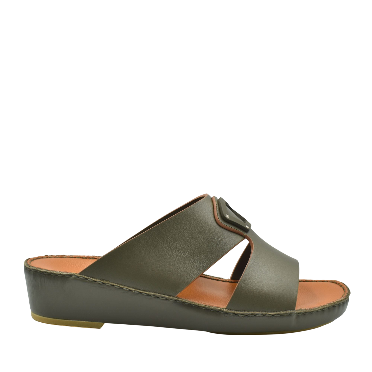 Olive green natural leather slide shoes with cushioned sole and adjustable buckle strap