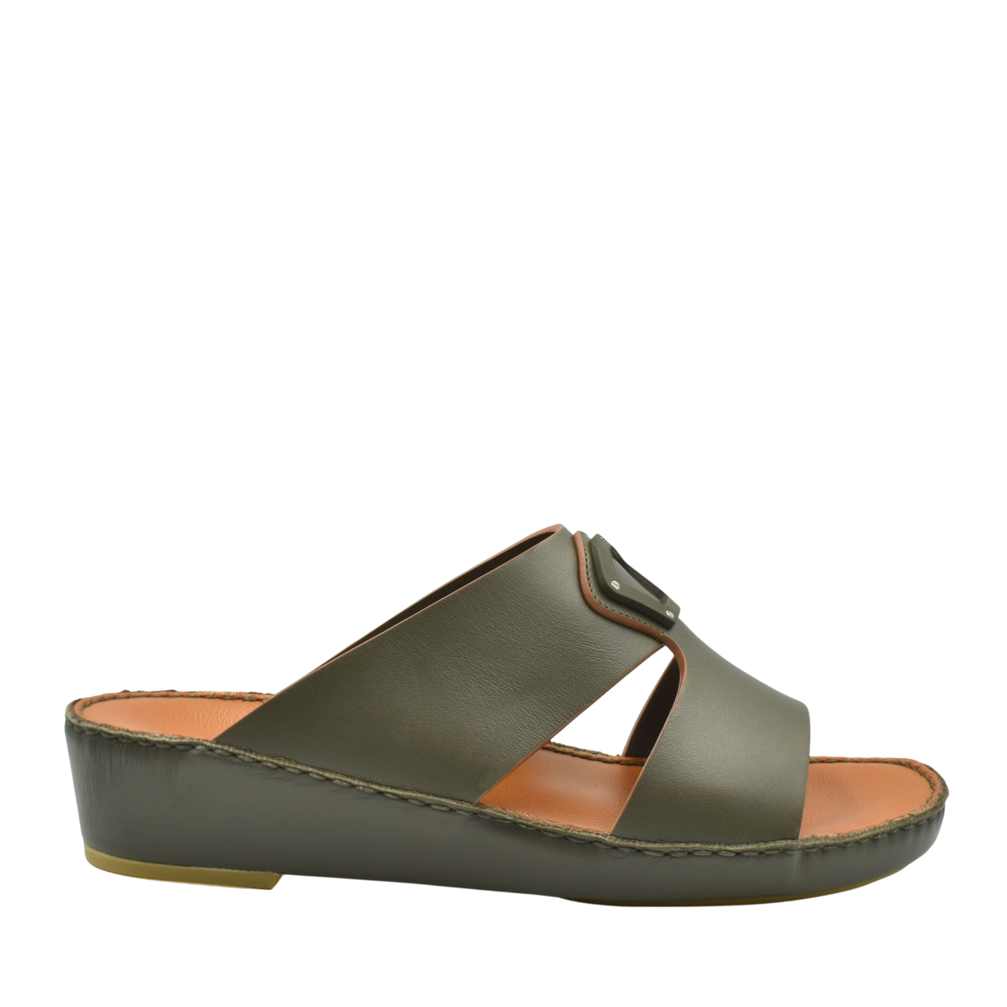 Olive green natural leather slide shoes with cushioned sole and adjustable buckle strap