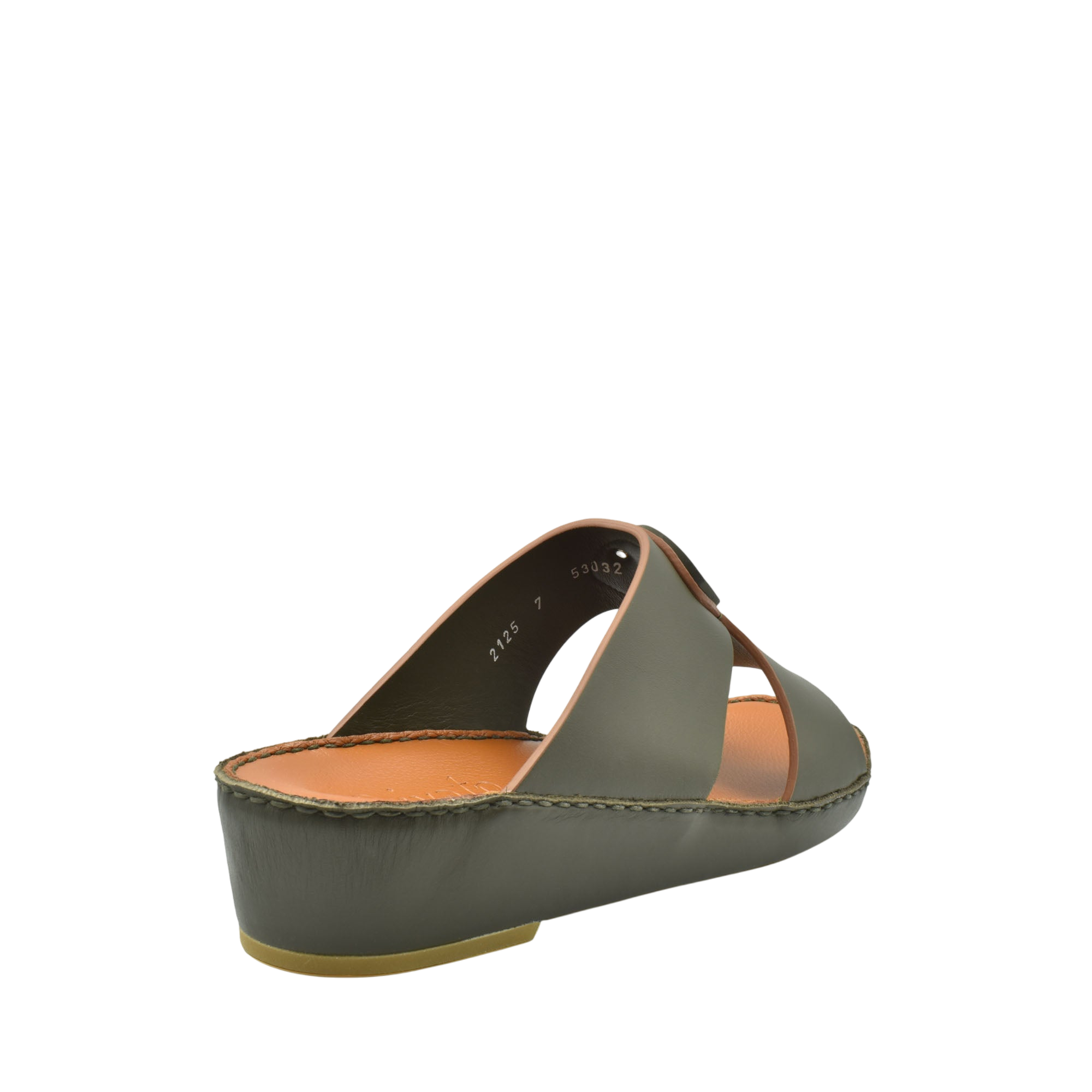 Olive green natural leather slide shoes with cushioned sole and open toe design