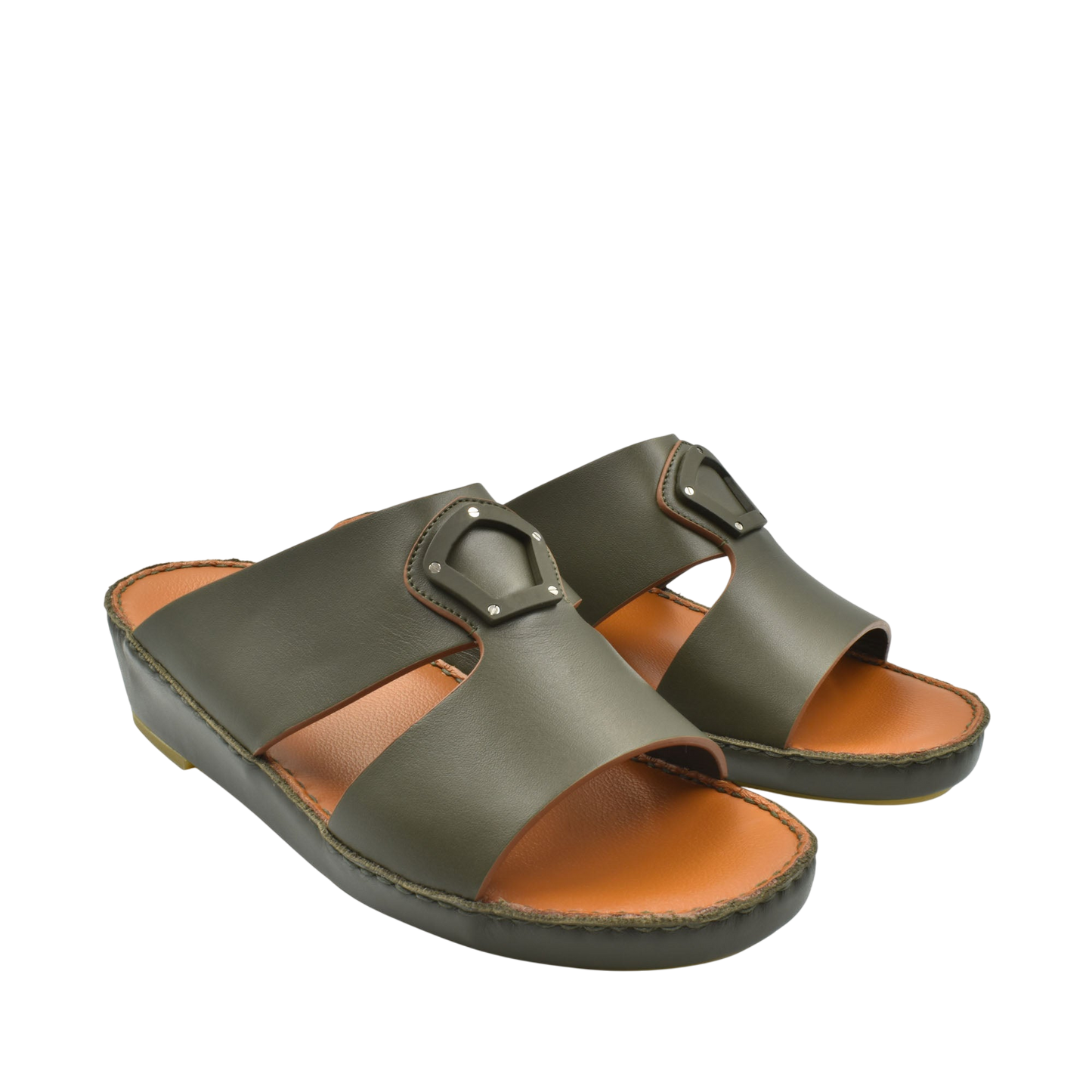 Pair of olive green natural leather slide shoes with cushioned tan footbed and stitched sole