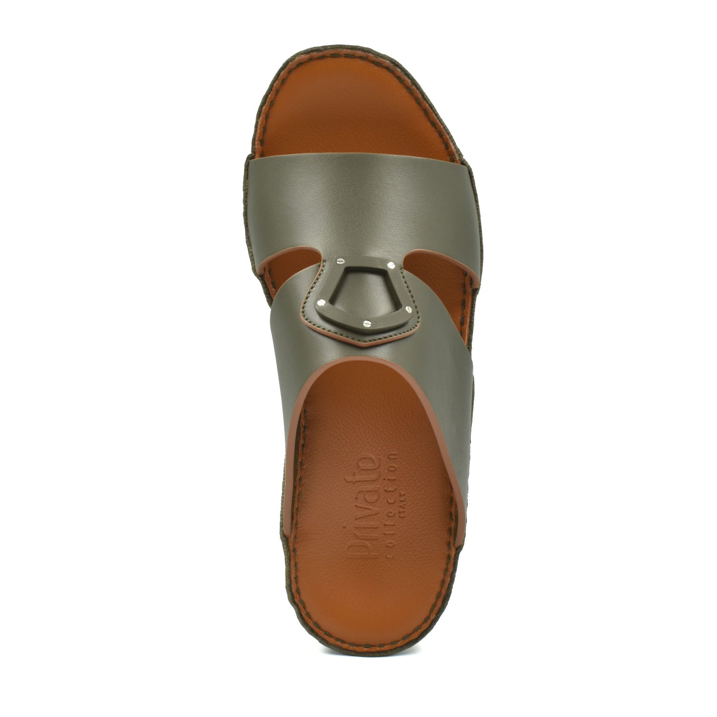 Private collection natural leather slide shoes with brown footbed and olive upper strap
