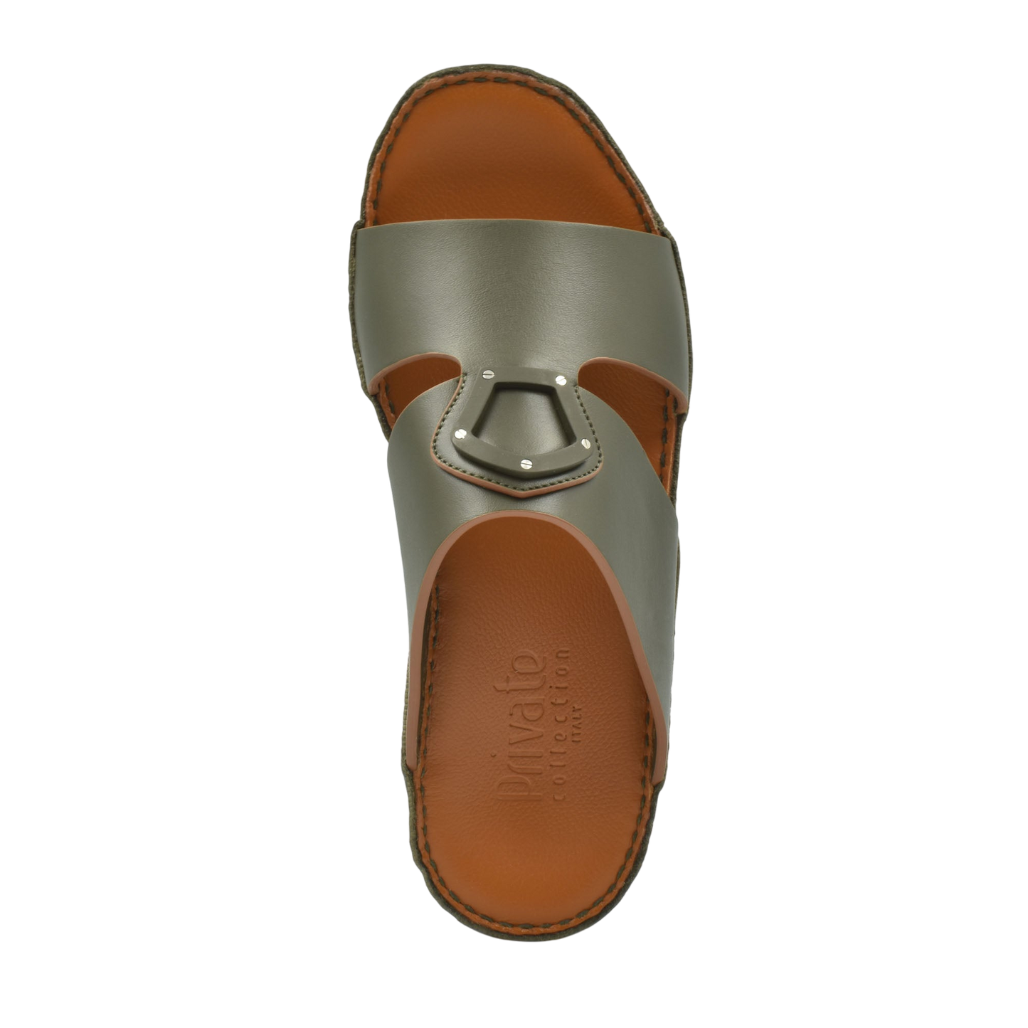 Private collection natural leather slide shoes with brown footbed and olive upper strap