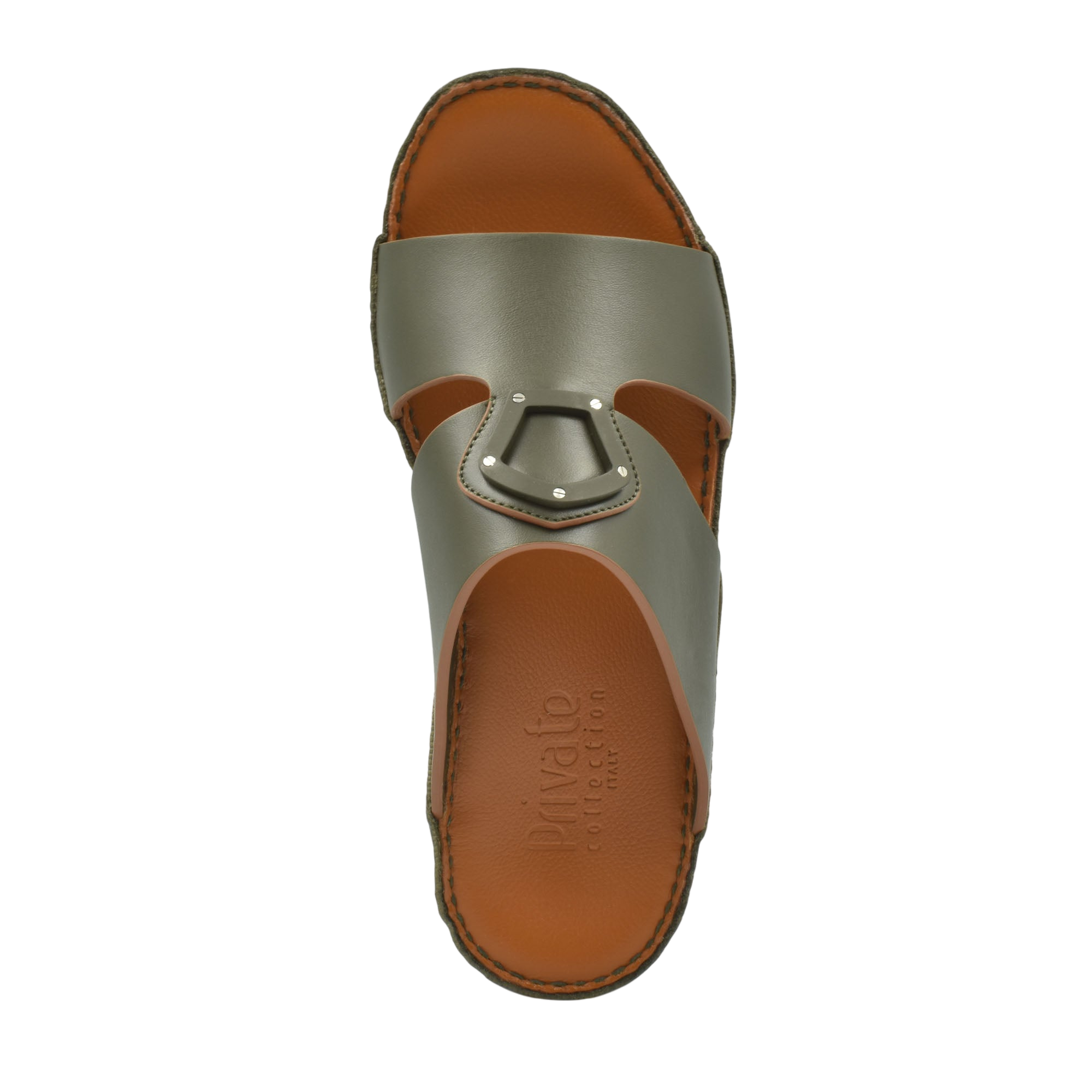 Private collection natural leather slide shoes with brown footbed and olive upper strap