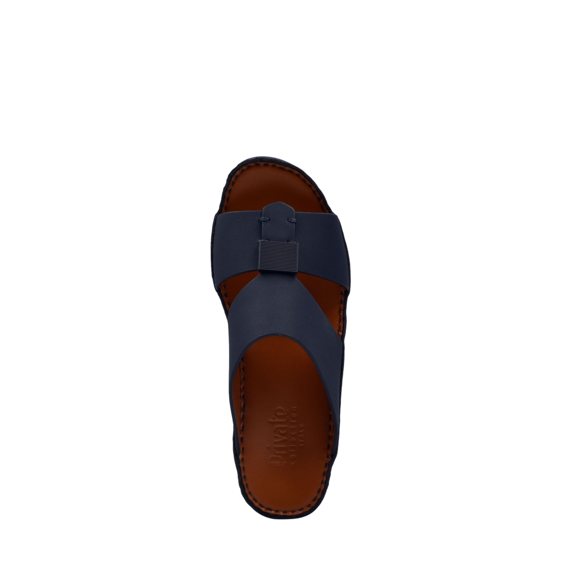 Top view of private rubbercalf kids sandal in navy blue with brown sole and buckle detail