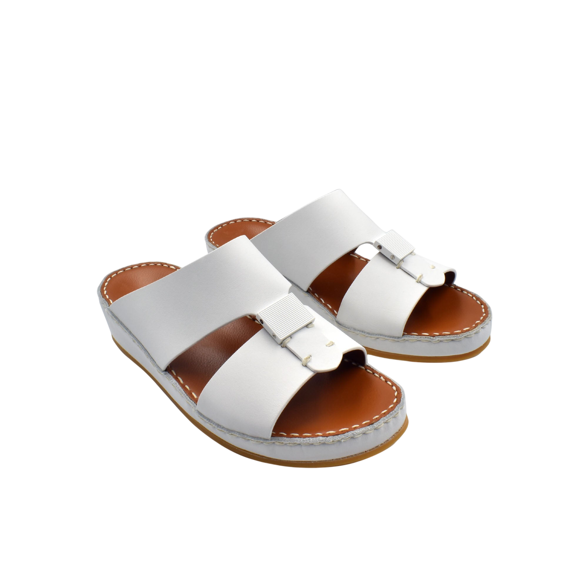 White private rubbercalf kids sandal with adjustable buckle and brown sole for comfortable wear