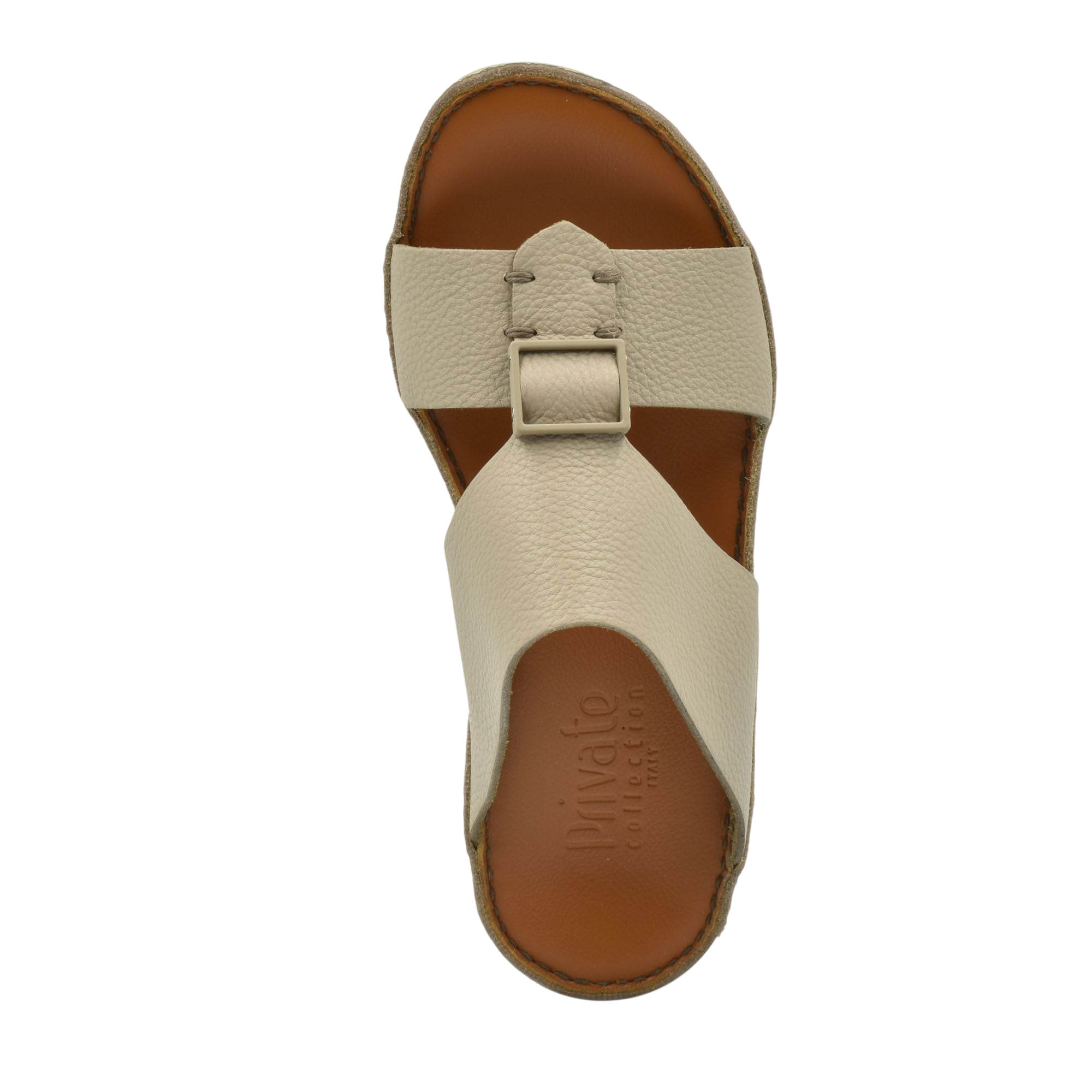 Private Collection beige classic leather sandals with buckle strap and brown footbed