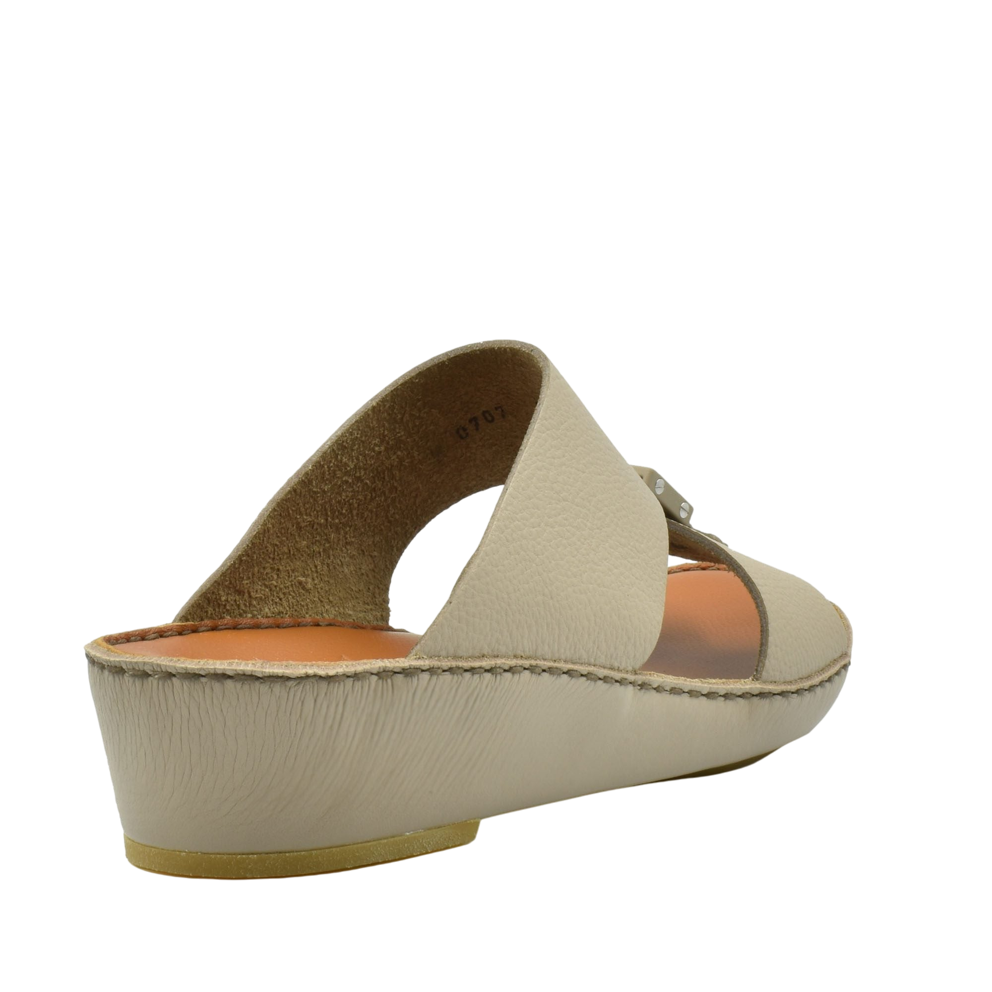 Beige classic leather sandals with low wedge heel and open toe design from Private Collection