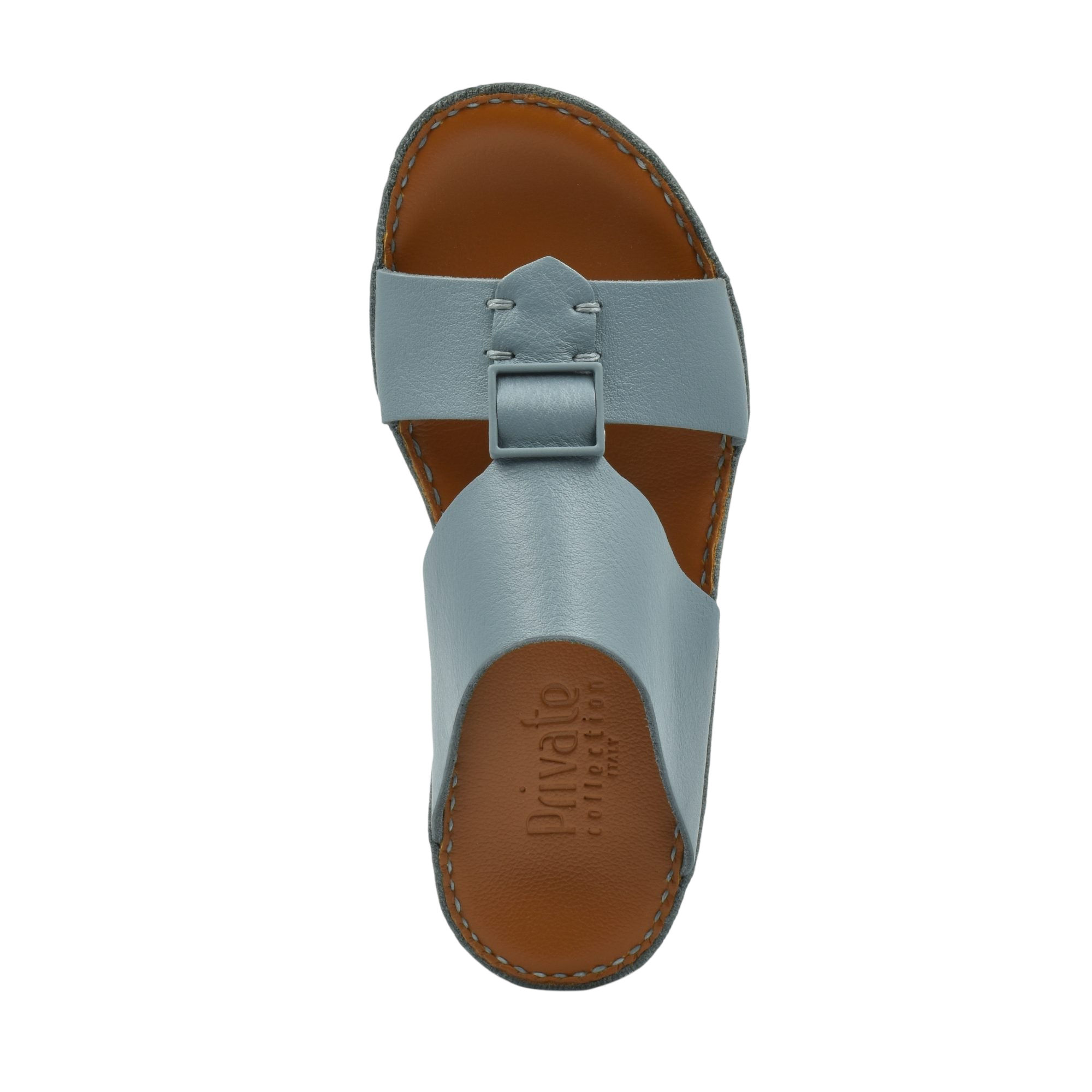 Top view of blue classic leather sandals with brown sole and adjustable strap