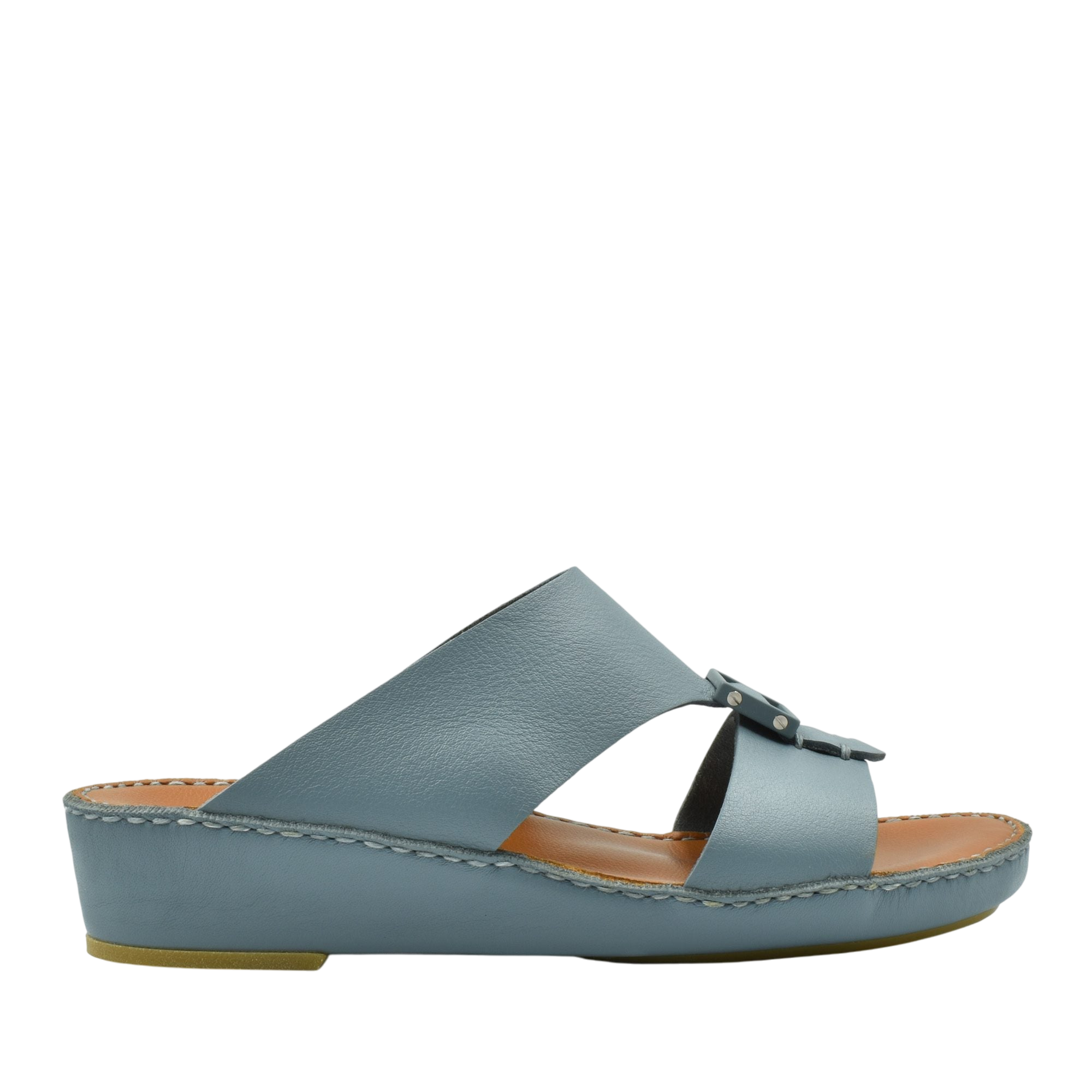 Blue classic leather sandals with a low wedge heel and open toe design for casual wear
