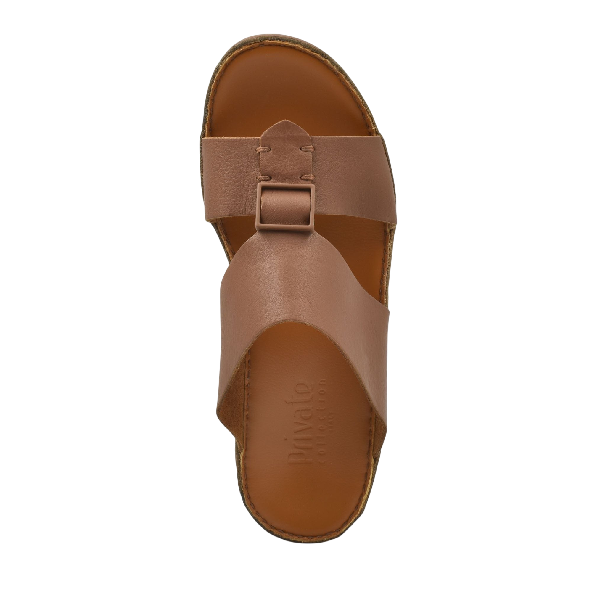 Top view of brown classic leather sandals with buckle strap from Private Collection