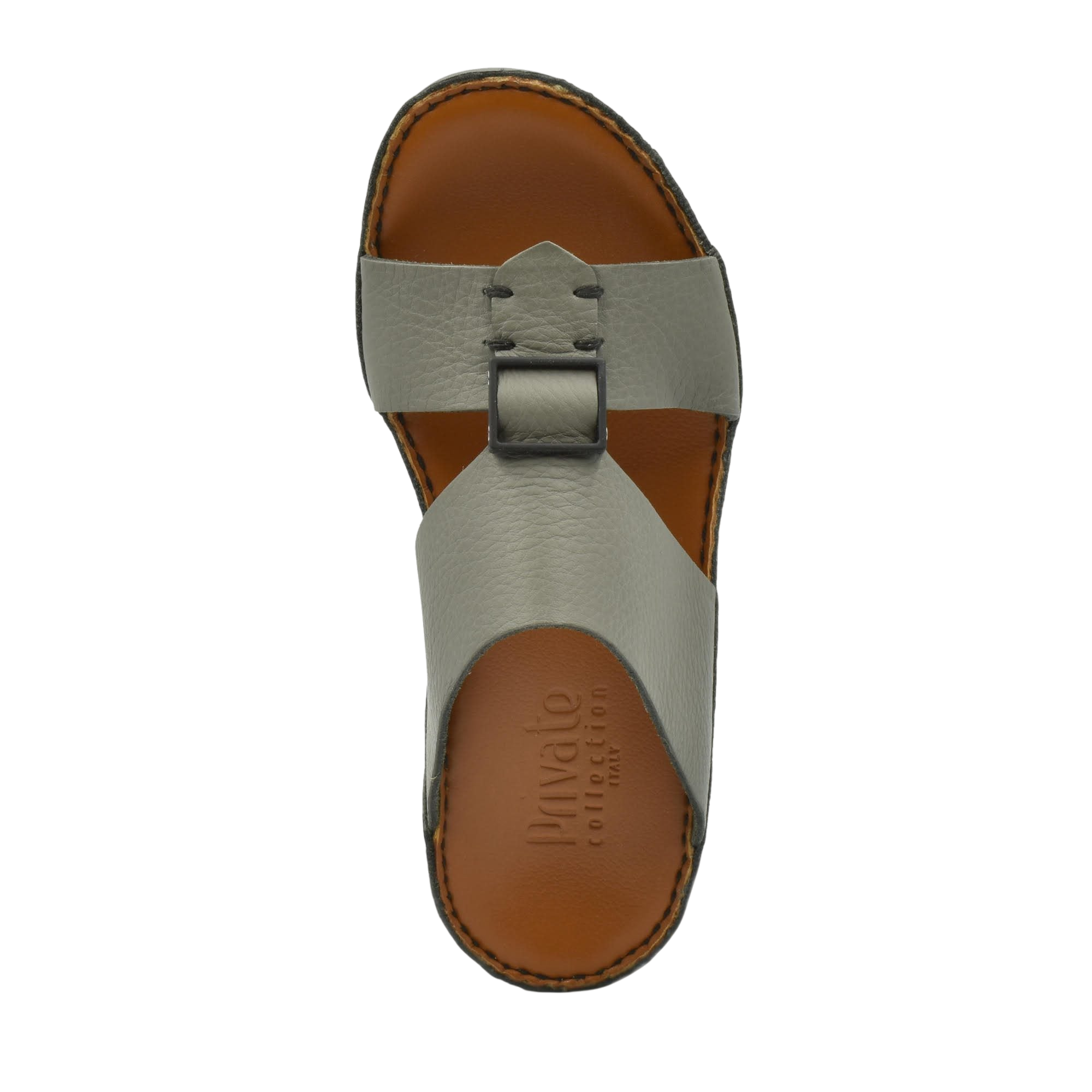 Private Collection classic leather sandals in gray with buckle strap and brown footbed