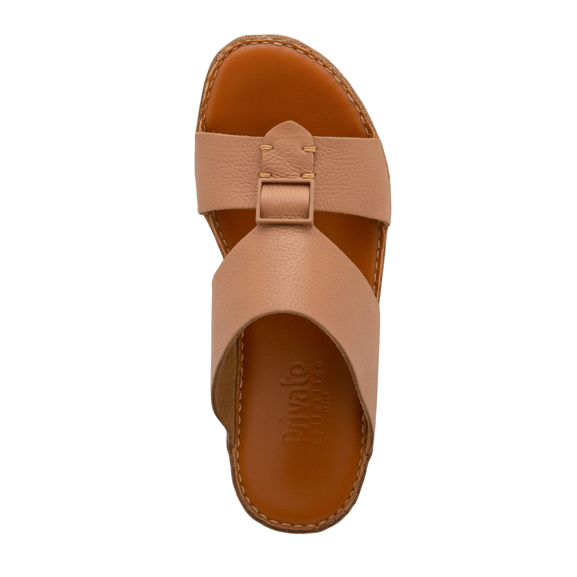 Private Collection classic leather sandals in tan with wide straps and buckle detail