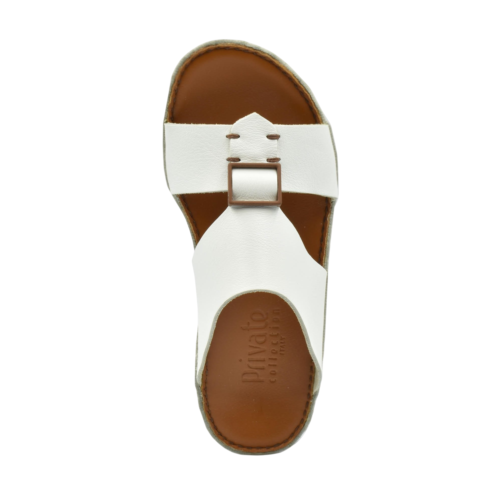 White classic leather sandals with adjustable buckle and brown footbed from Private Collection