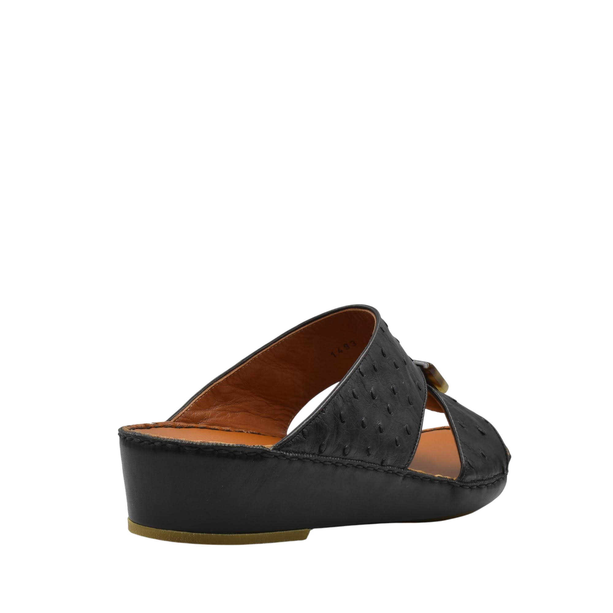 Black ostrich leather sandals with wedge heel and open toe design from private collection