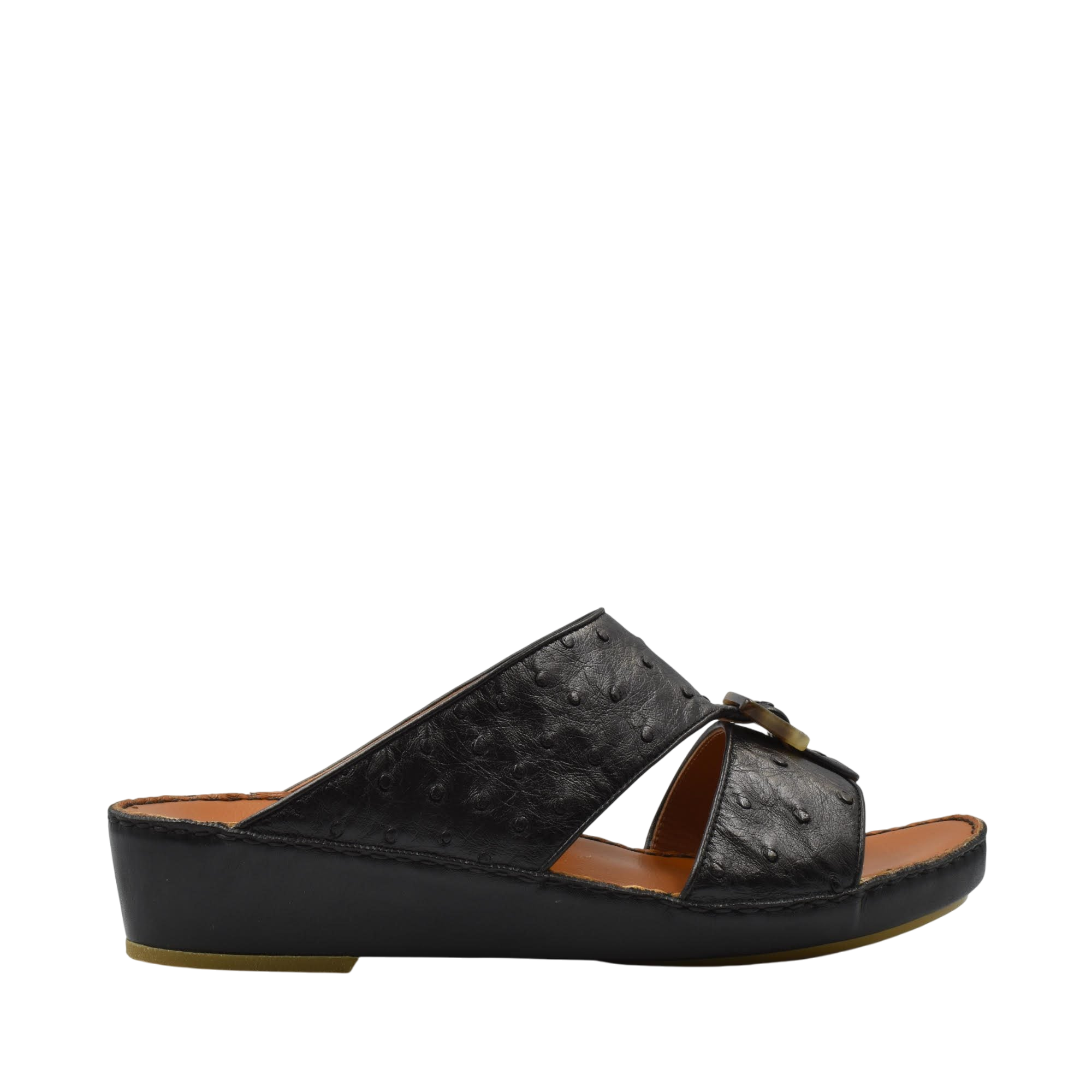 Black ostrich leather sandals with cushioned sole and open toe slide design