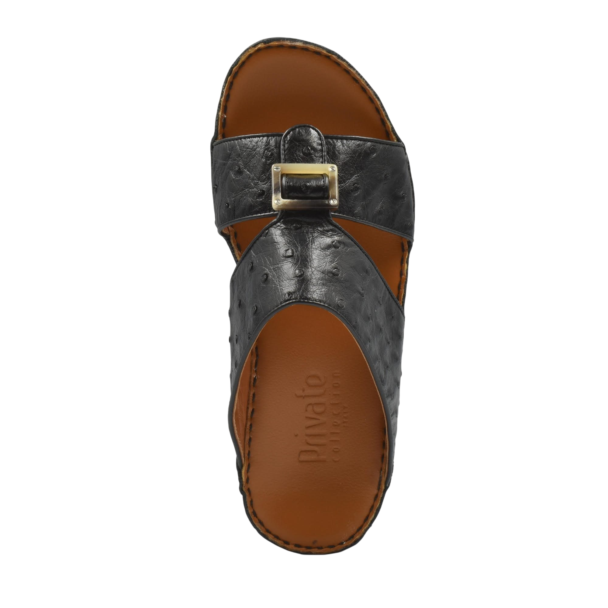 Black ostrich leather sandals with buckle detail and brown footbed from Private collection