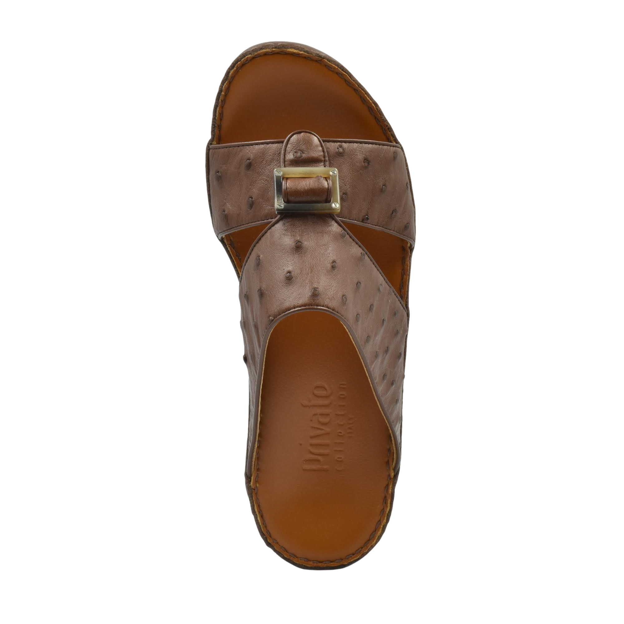 Brown ostrich leather sandals with a buckle design from Private Collection shown from a top view