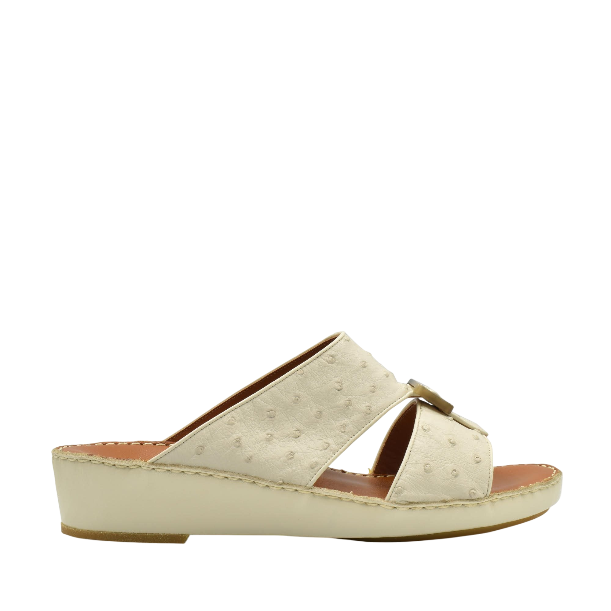 Cream-colored ostrich leather sandals with wedge heel and open toe design