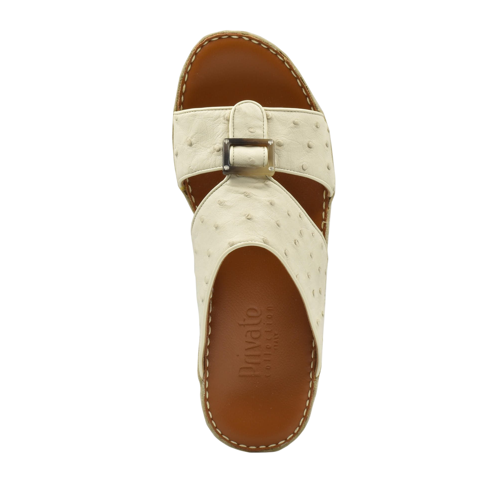Cream ostrich leather sandals with buckle strap and brown leather footbed from Private collection