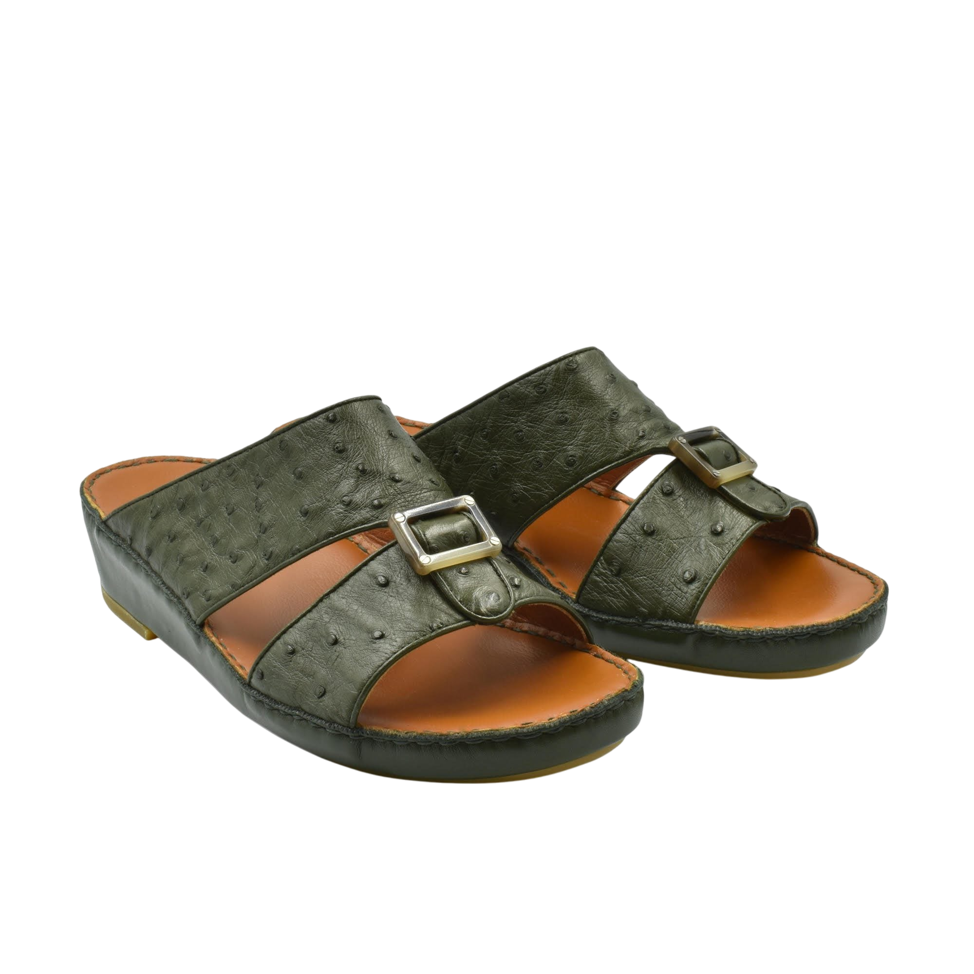 Green ostrich leather sandals with buckle straps and cushioned brown footbed for comfortable wear