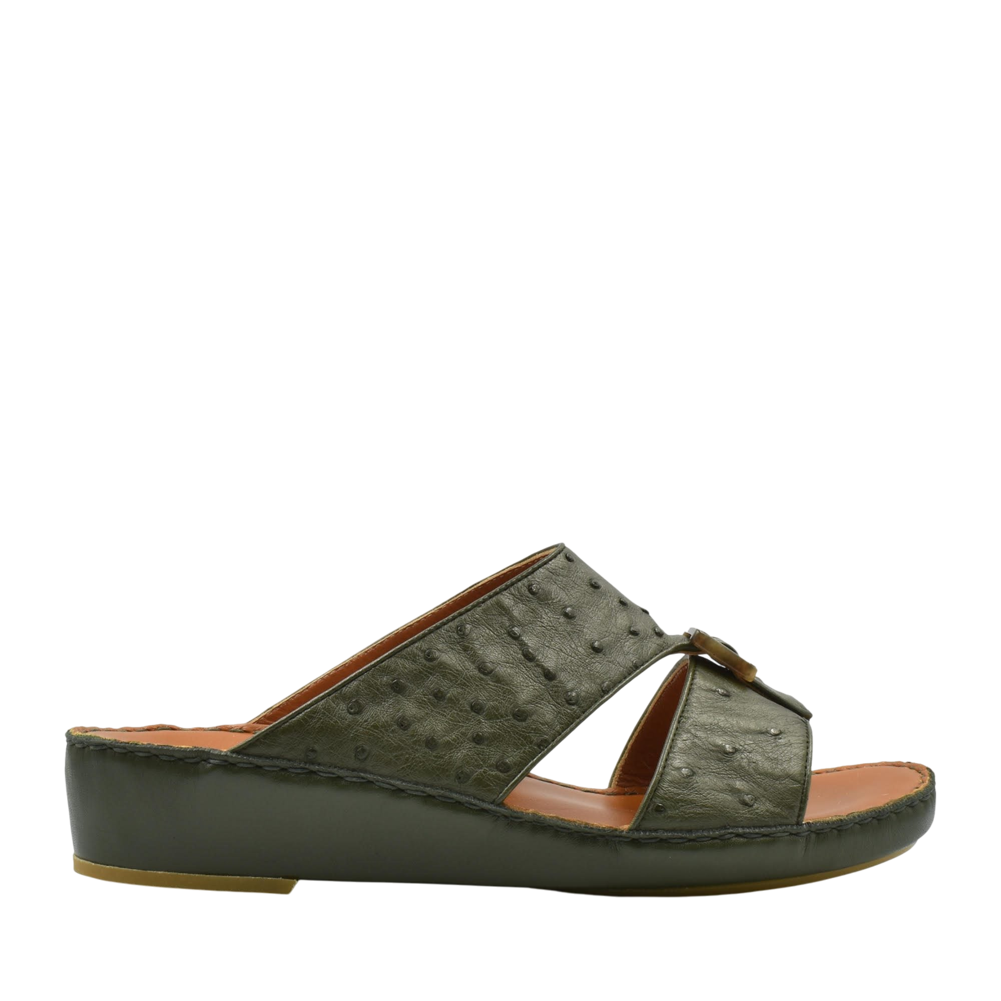 Green ostrich leather sandals with open toe and low wedge heel from Private Collection