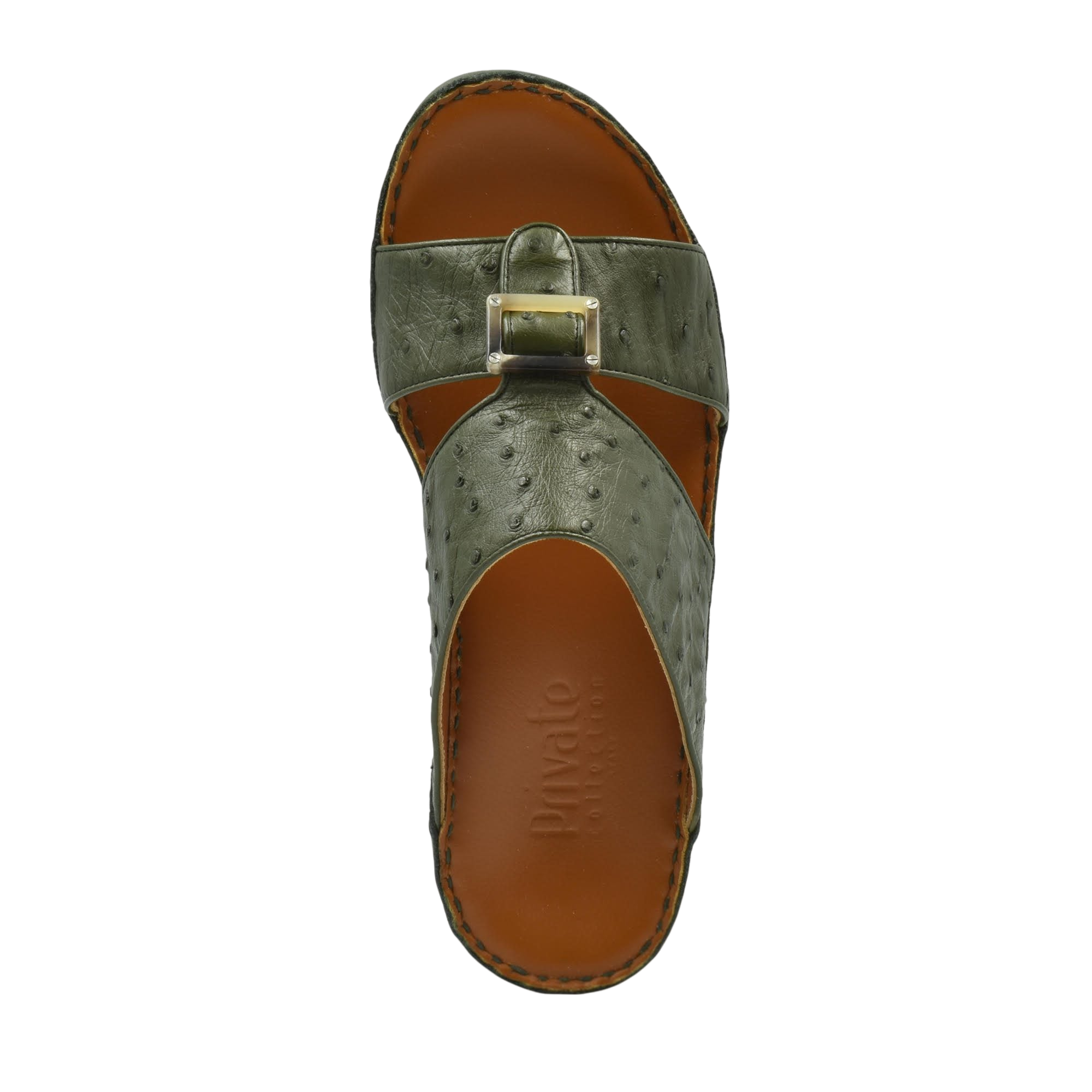 Top view of green ostrich leather sandals with brown insole and decorative buckle from Private Collection