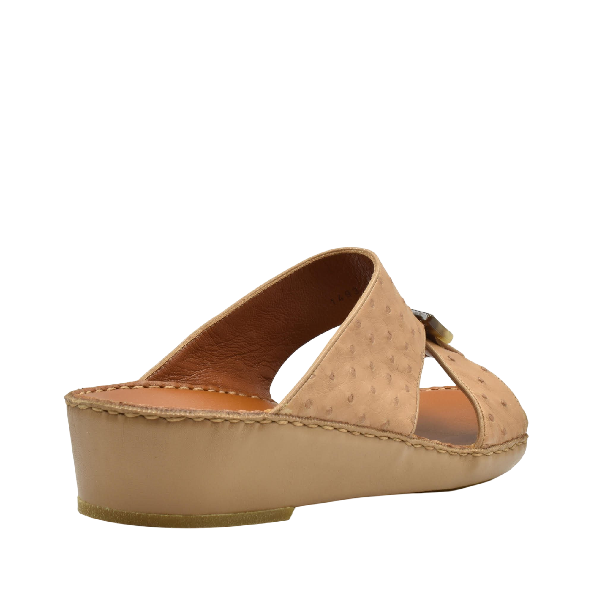 Tan ostrich leather sandals with wedge heel and open toe design from Private collection