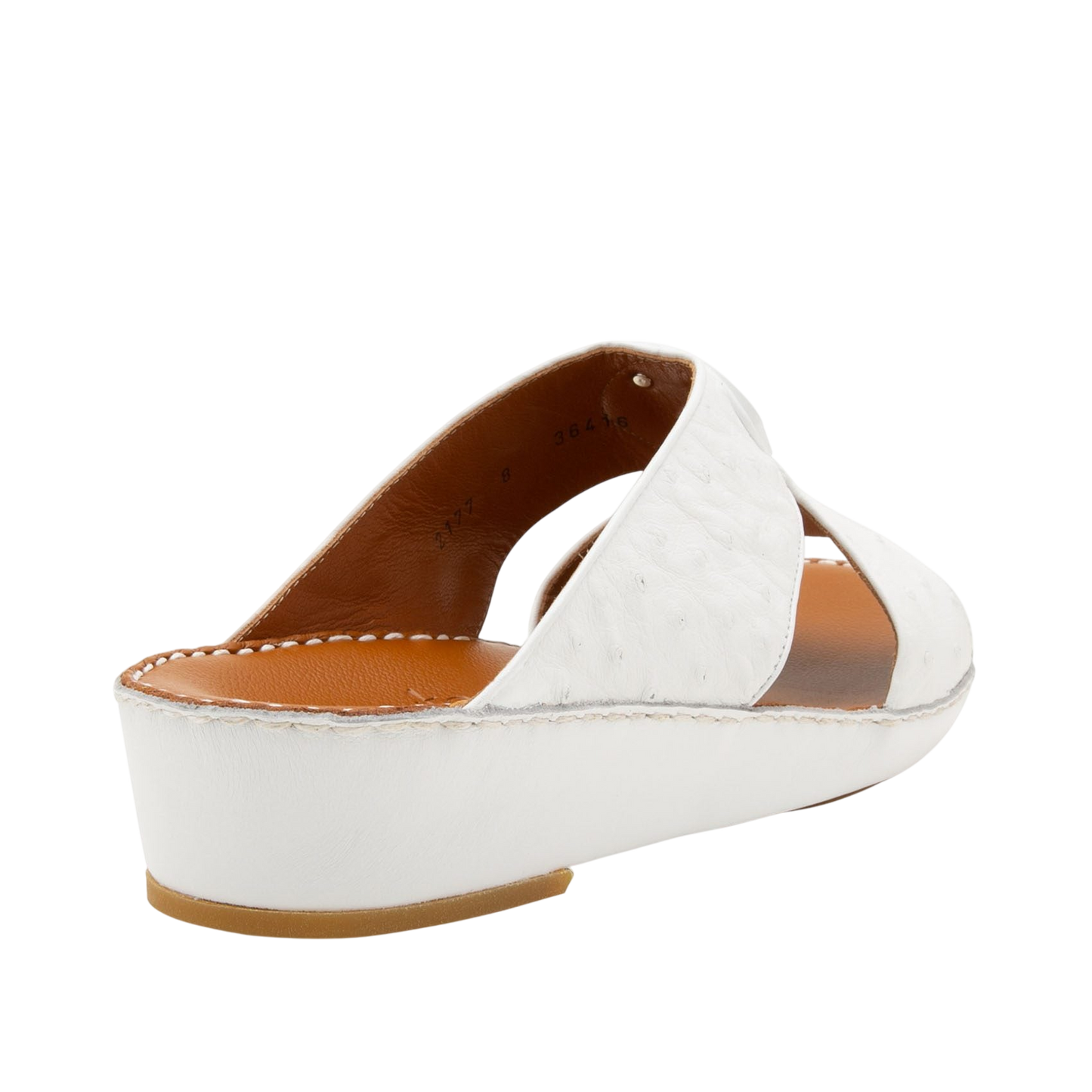 White ostrich leather sandals with tan insole and low wedge heel from Private Collection