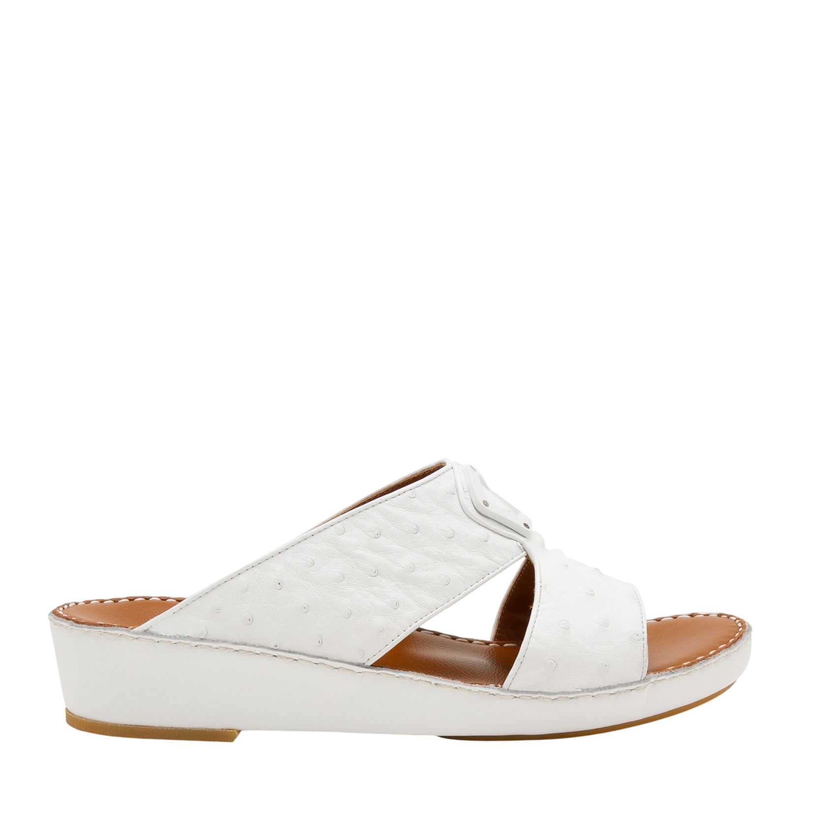 White ostrich leather sandals with wedge heel and open toe design from private collection