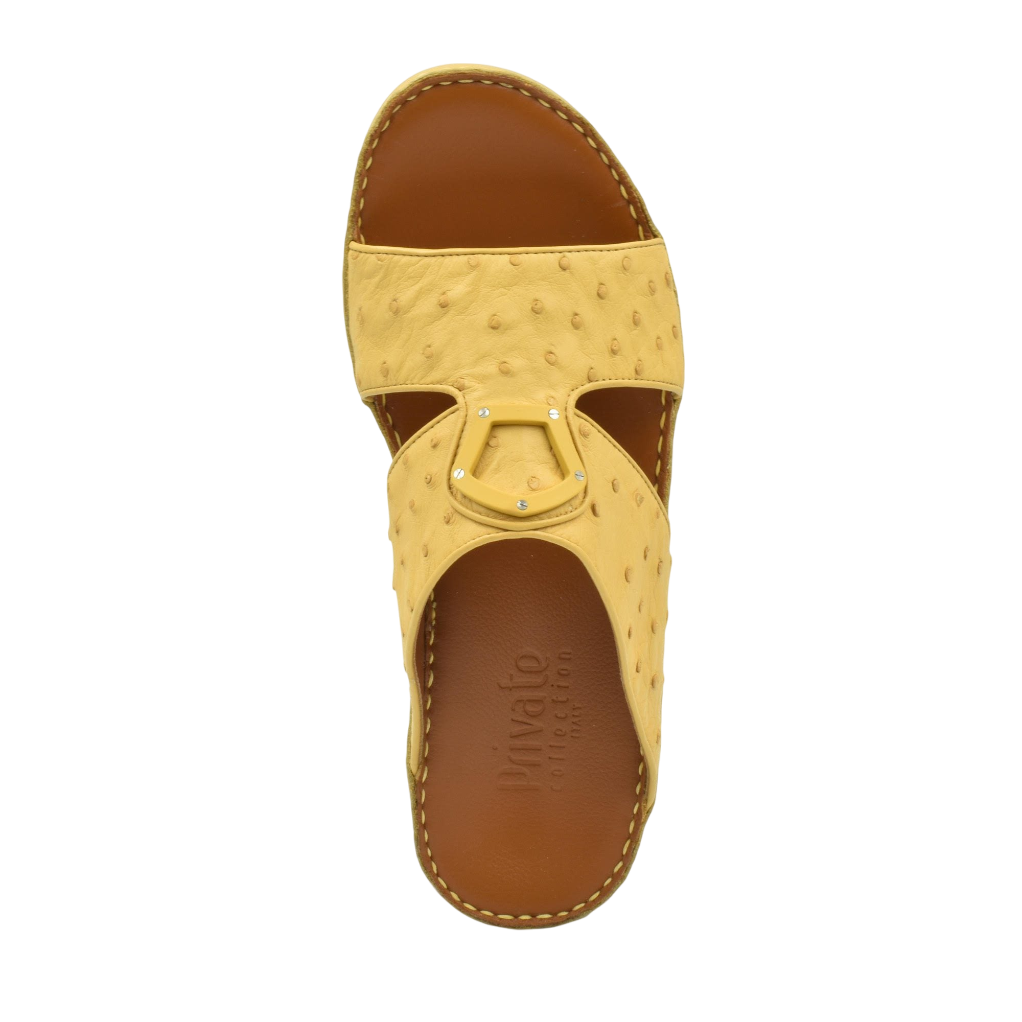 Top view of yellow ostrich leather sandals with brown footbed from Private collection