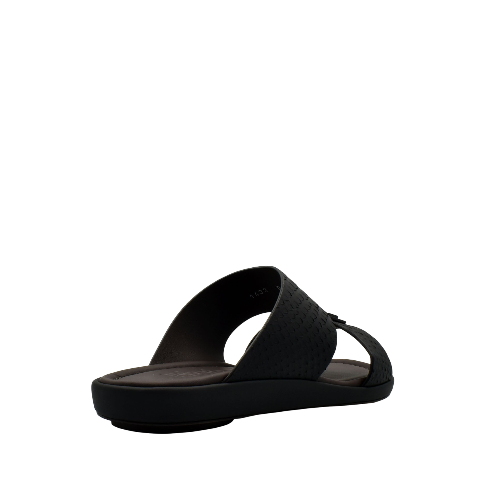 Black slip-on sandal from private collection showcasing sleek python skin footwear design