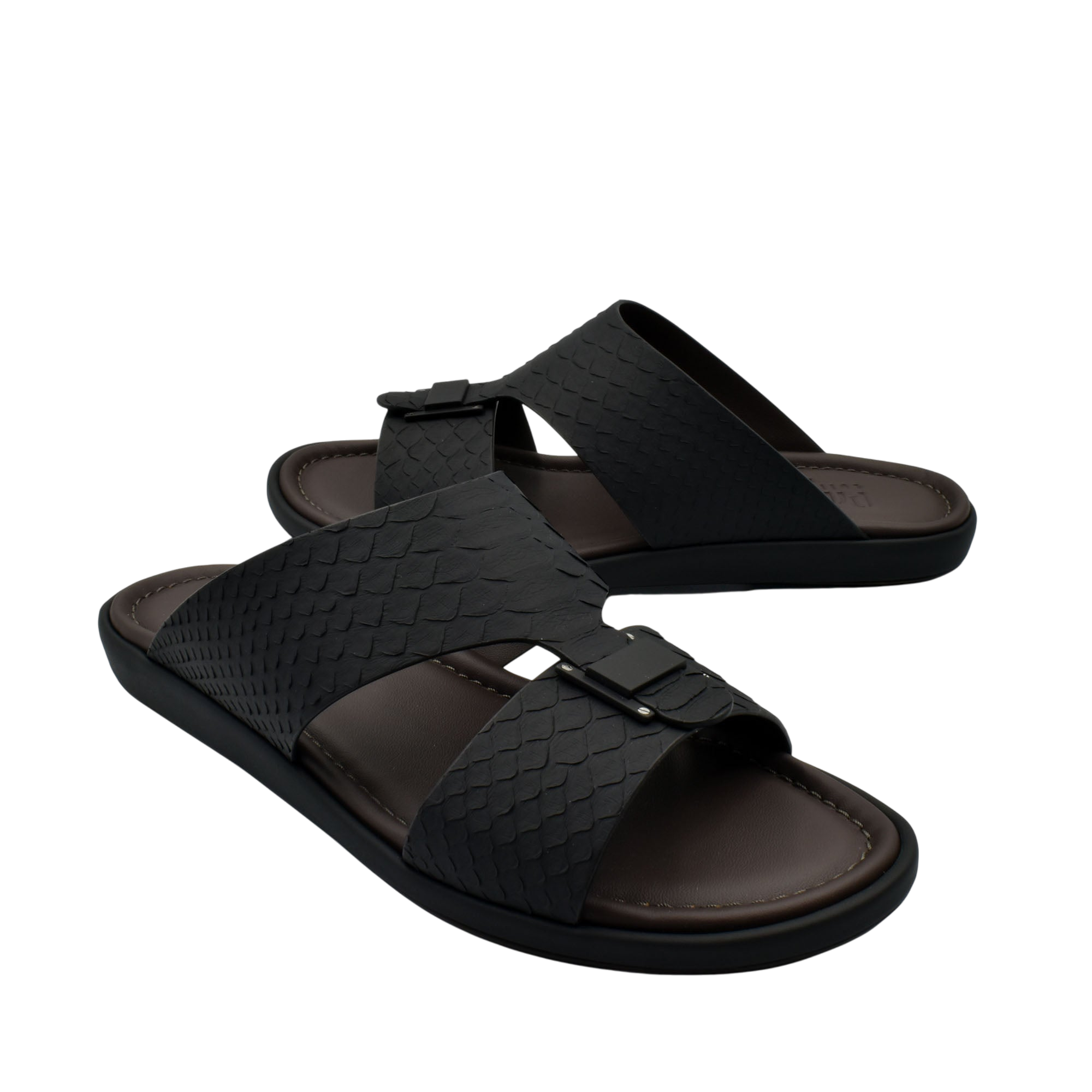 Black python skin footwear slides with textured straps and comfortable cushioned sole for casual wear