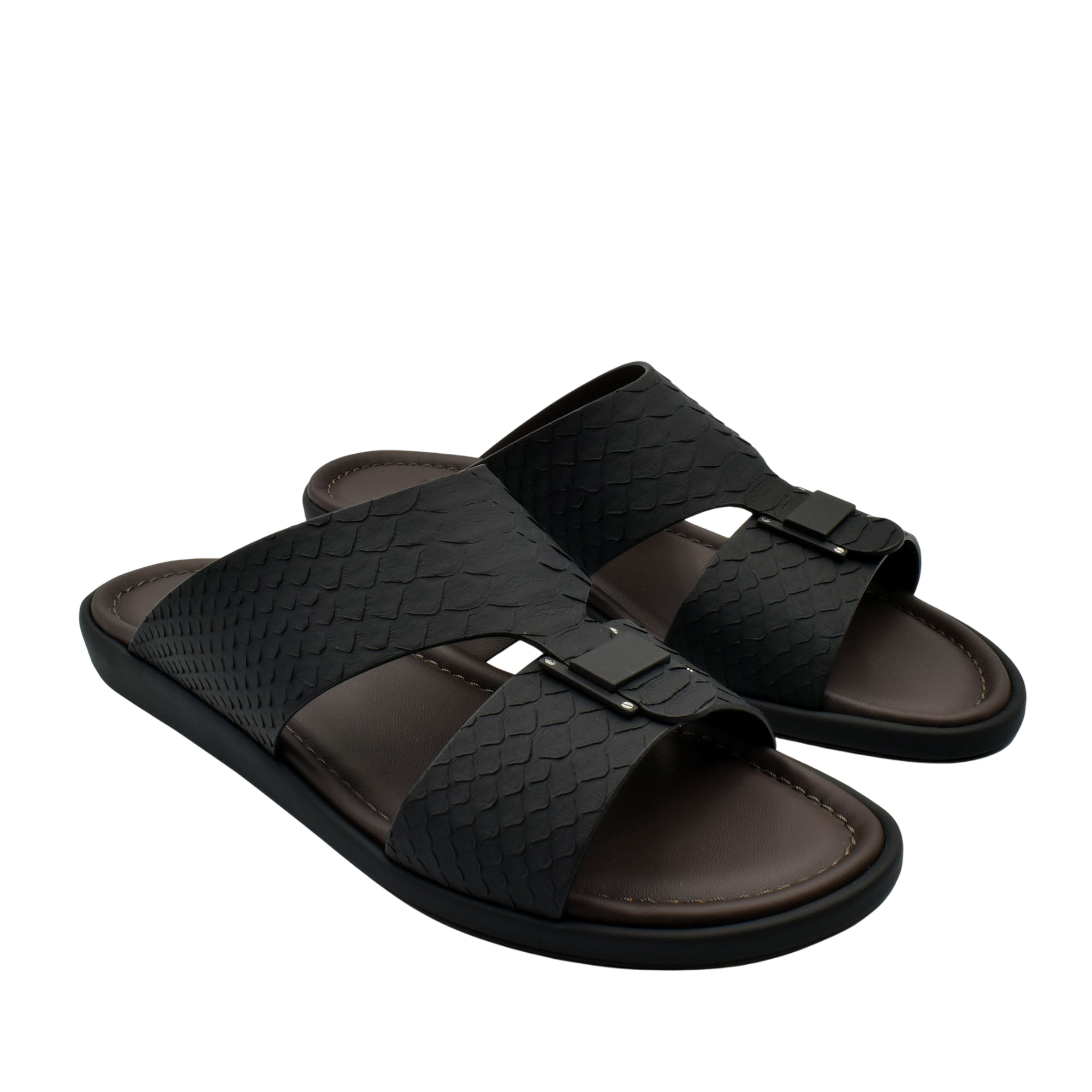 Black open-toe slides with textured python skin footwear straps and cushioned brown footbed