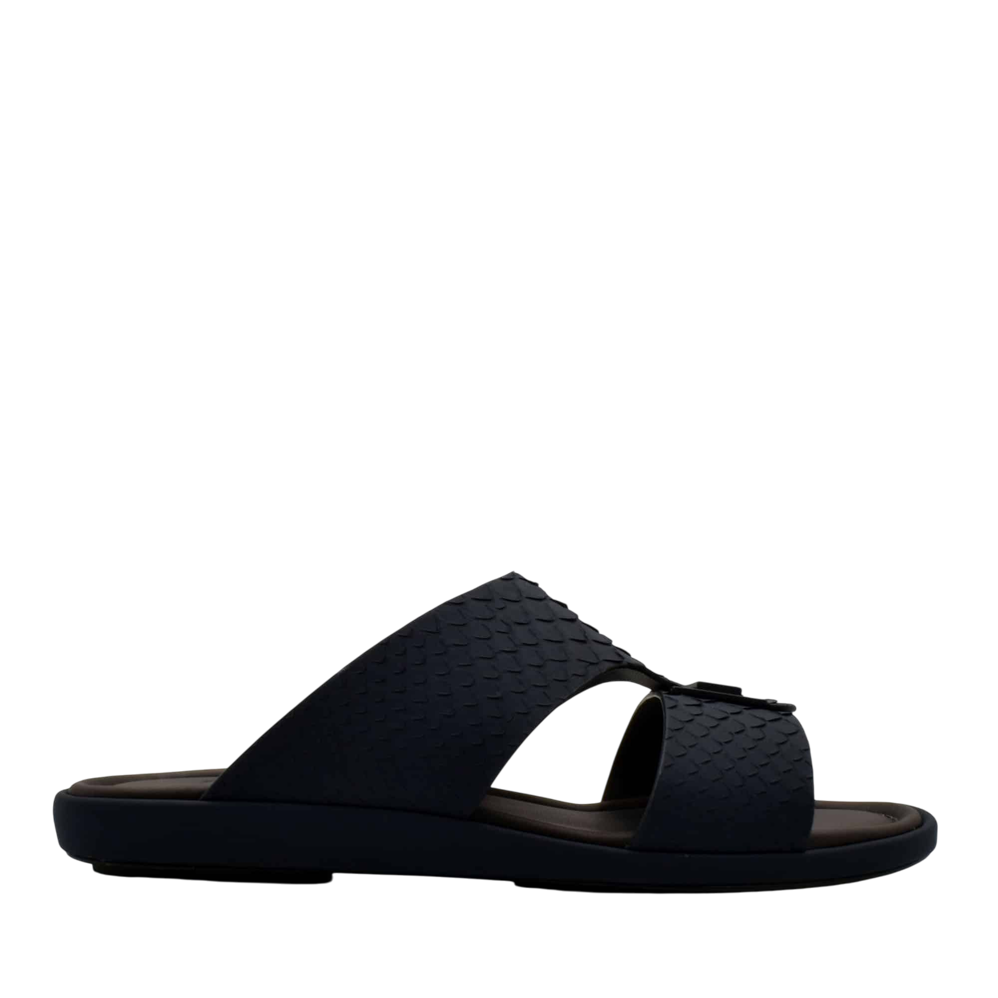 Black slide sandals featuring python skin footwear design with double straps and cushioned sole