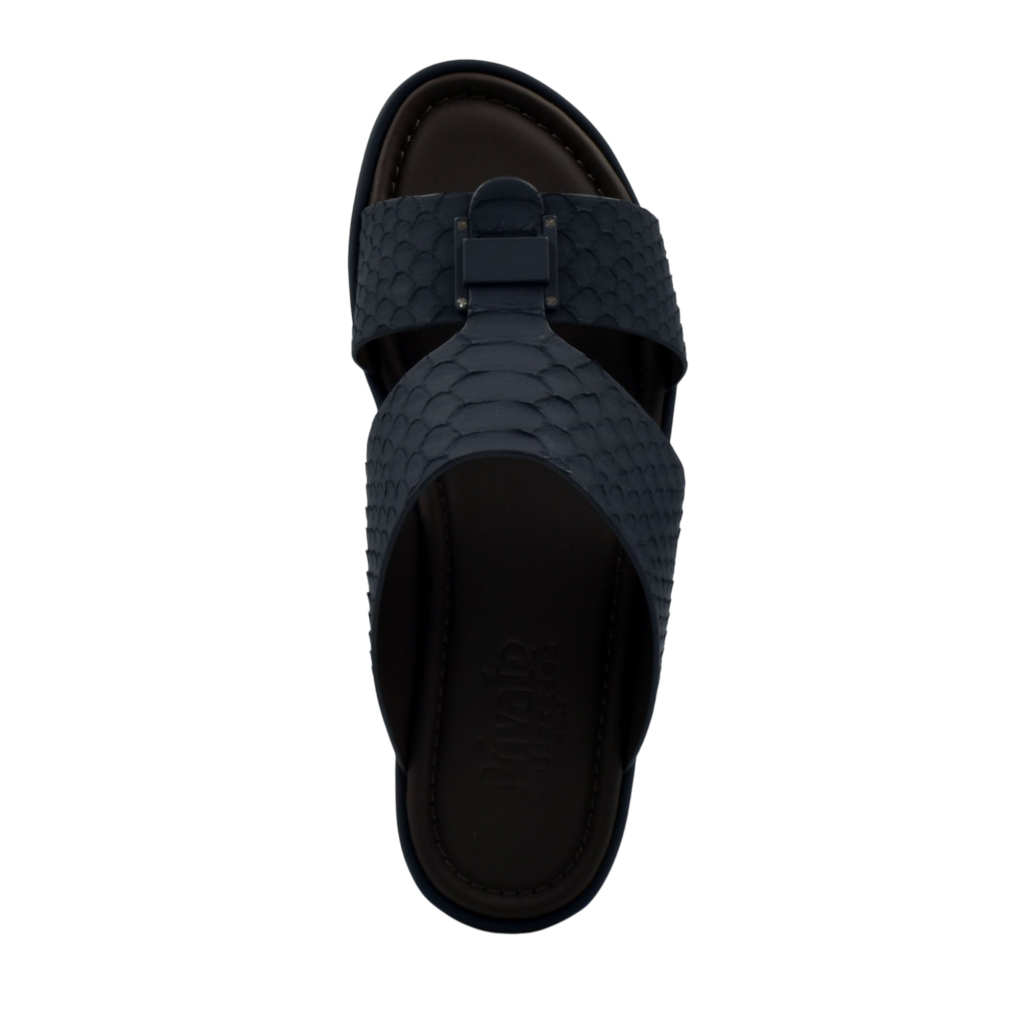 Top view of black python skin footwear slip-on sandal with textured straps and cushioned sole
