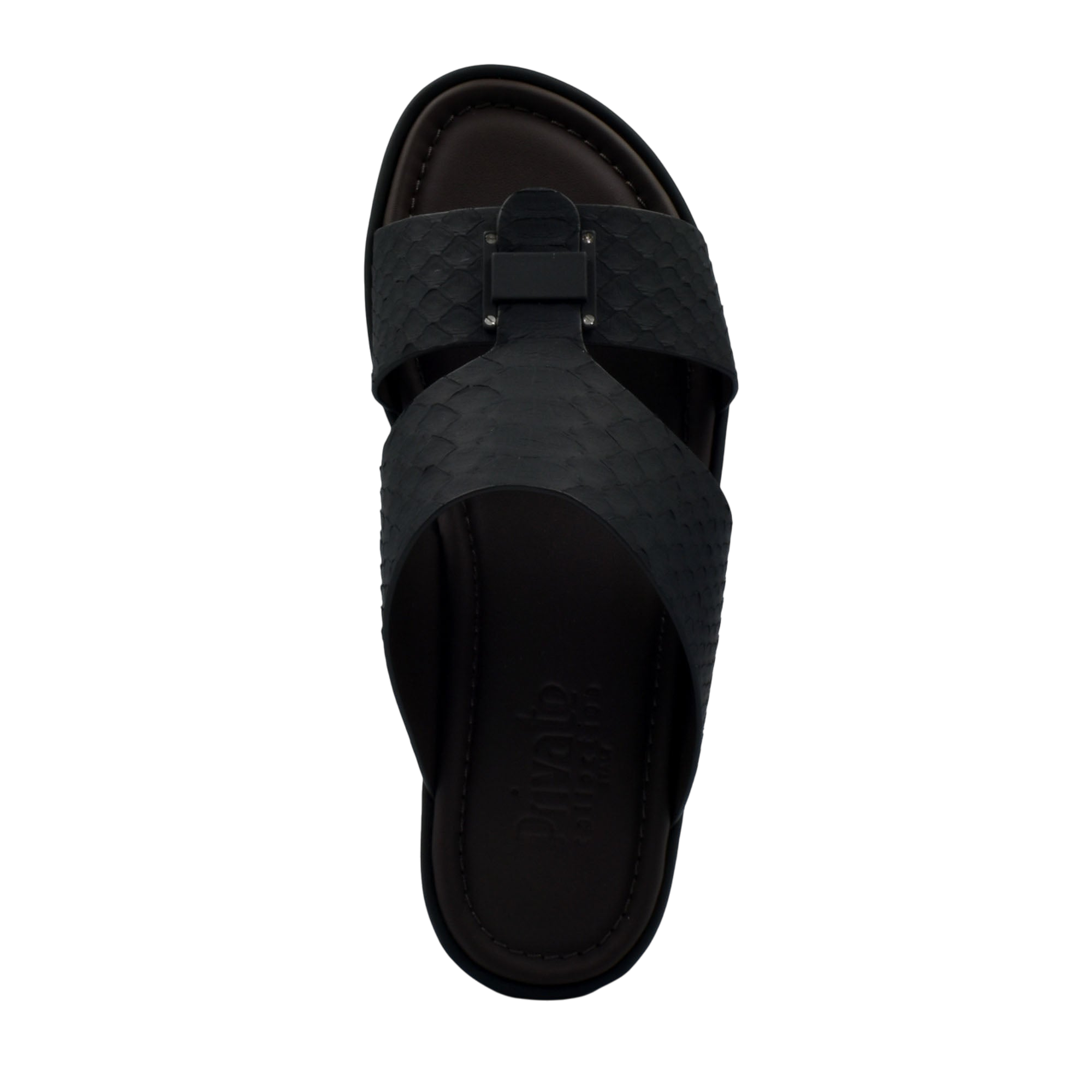 Black slip-on sandal featuring python skin footwear design with textured straps and open toe