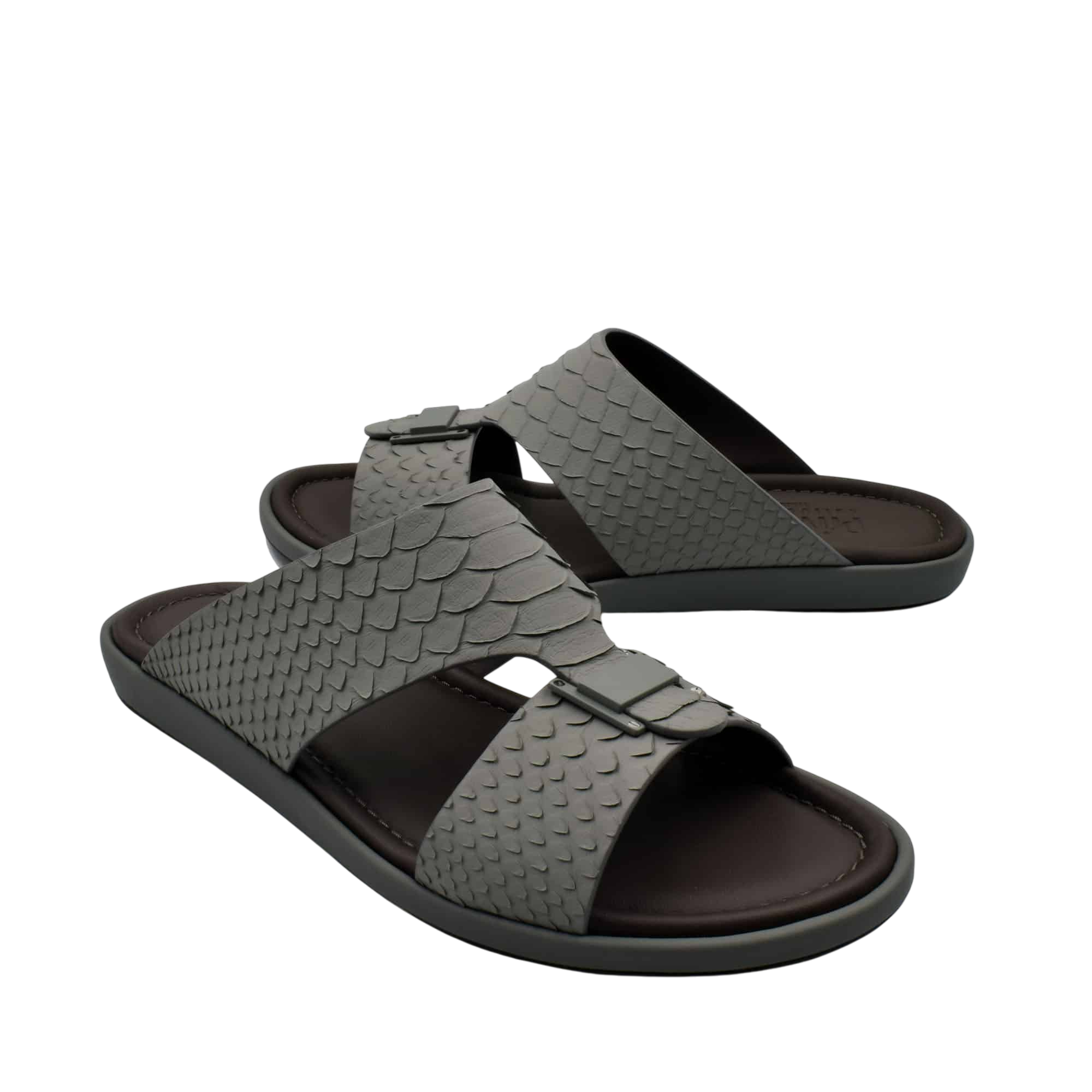 Gray open-toe sandals with textured python skin footwear design and adjustable straps
