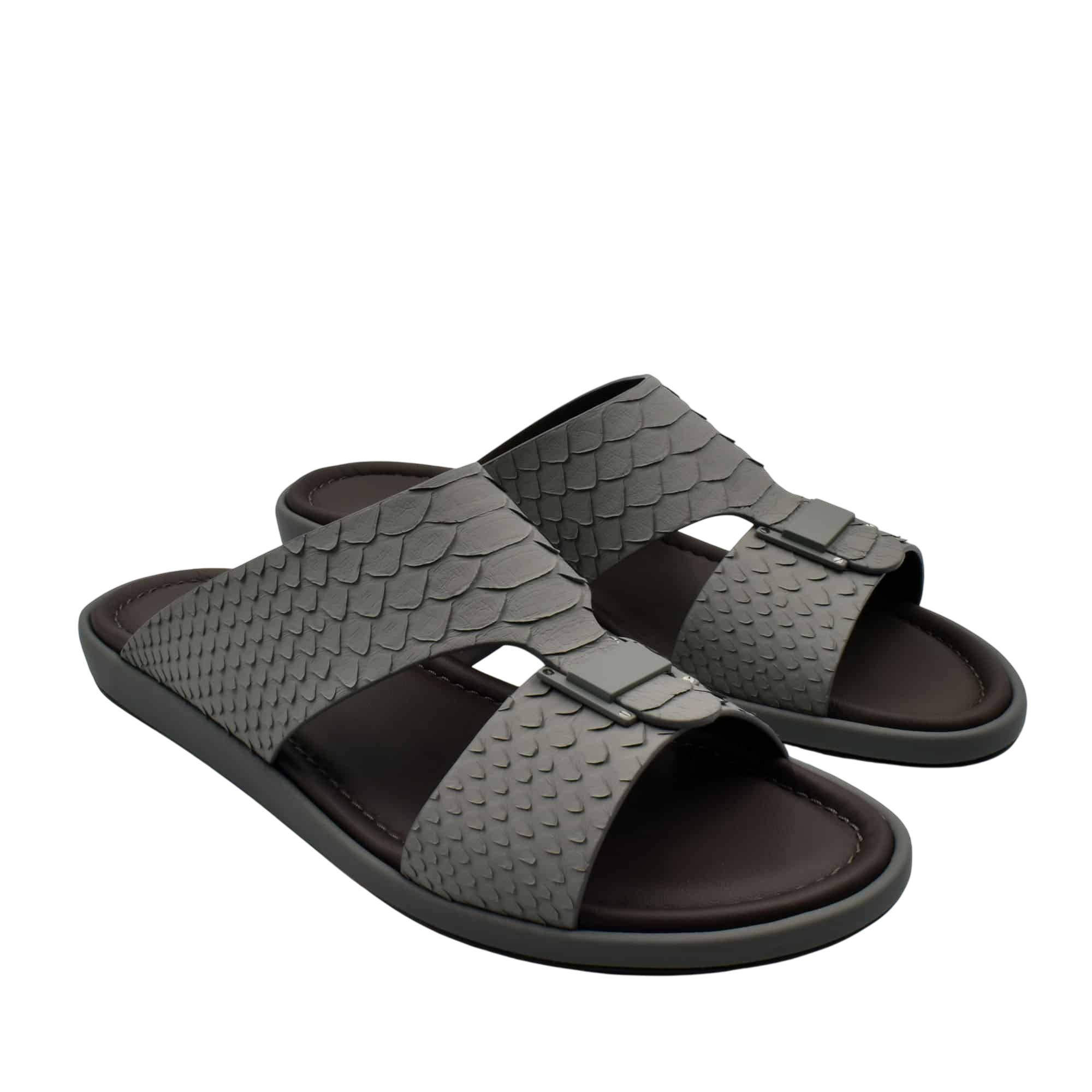Gray python skin footwear slide sandals with textured straps and cushioned soles for comfort