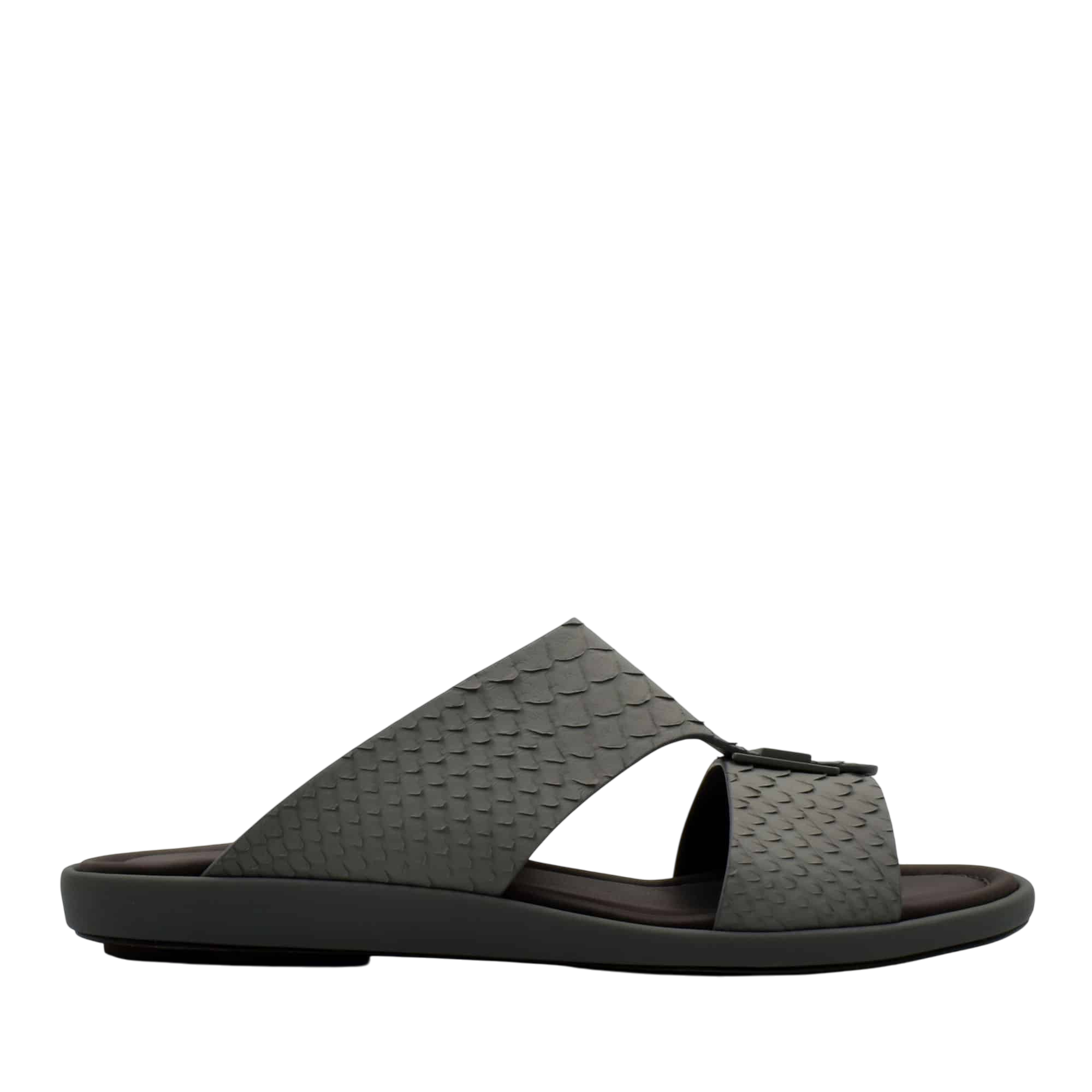 Black slide sandal with textured python skin footwear upper and cushioned sole from private collection