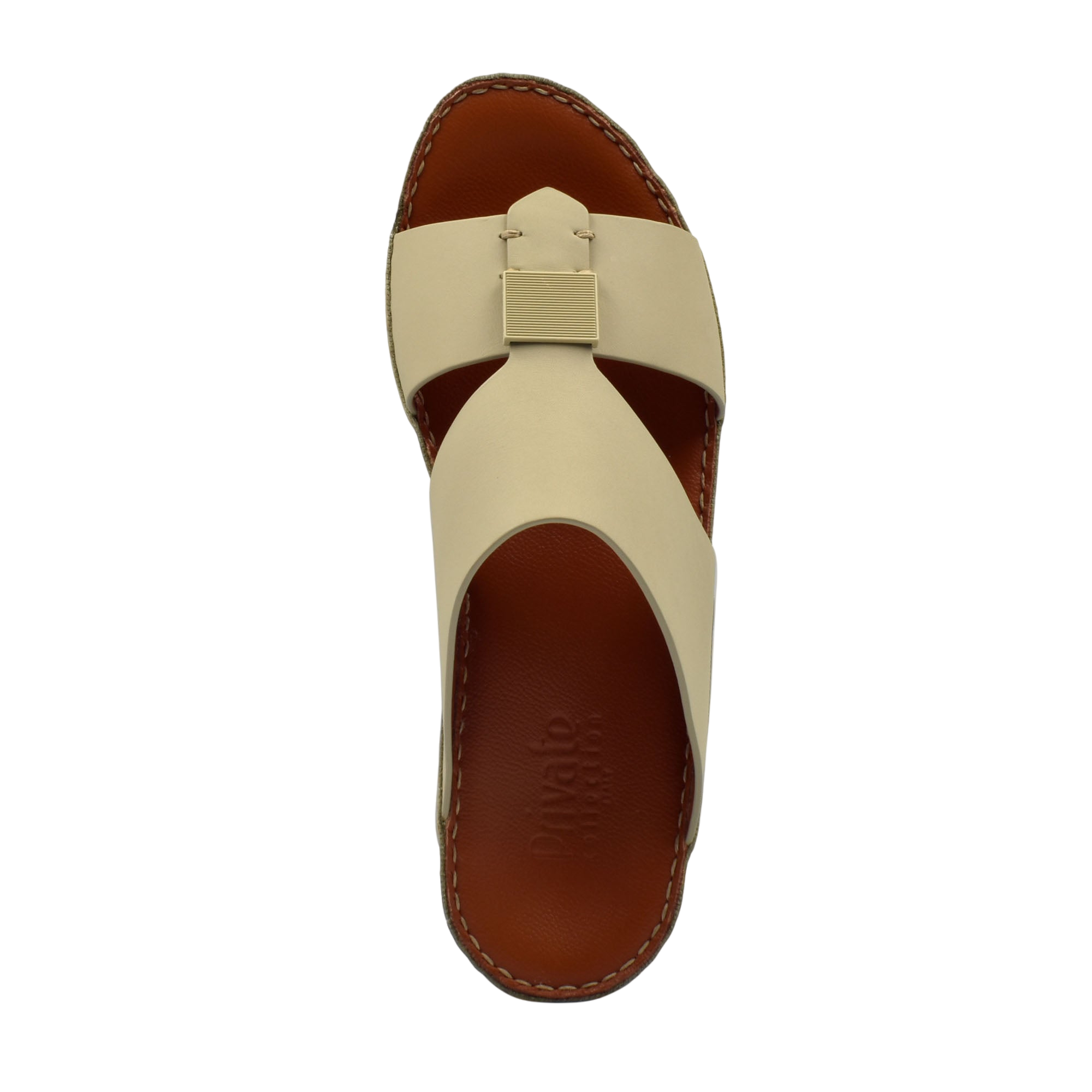 Top view of beige Quadratura Gomato sandals with brown insole and stitched edges