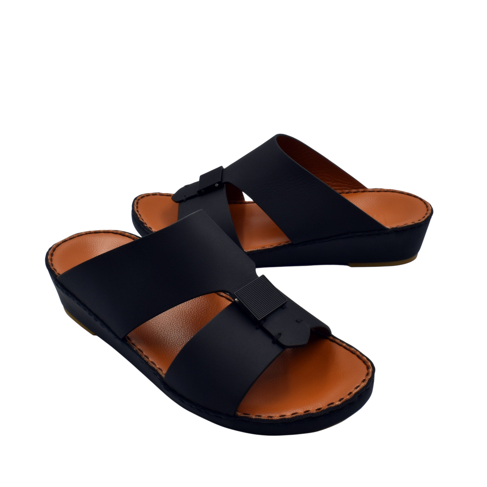 Black leather Quadratura Gomato sandals with wide straps and cushioned brown footbed