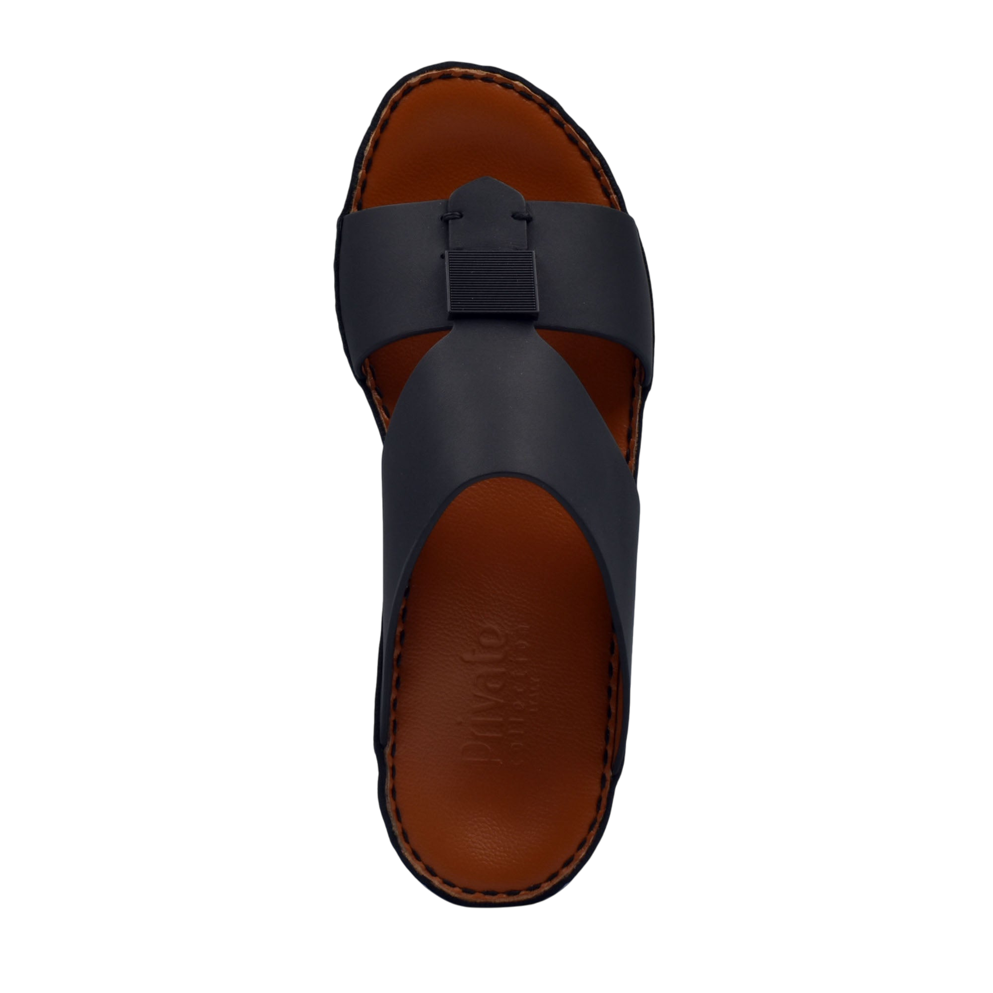 Top view of black Quadratura Gomato sandals with brown insole and wide straps from Private Collection