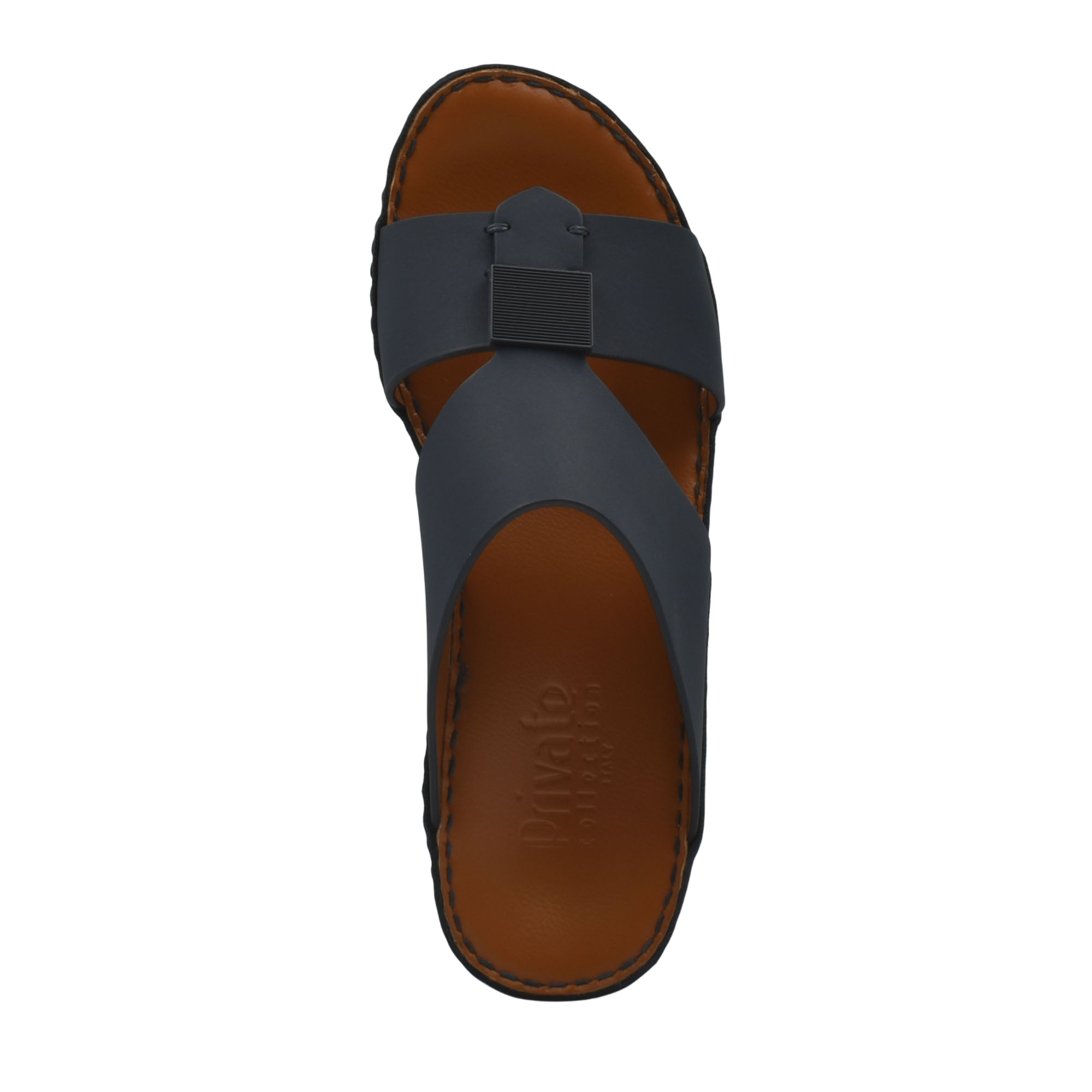 Top view of black Quadratura Gomato sandals with brown footbed and stitched edges from Private Collection
