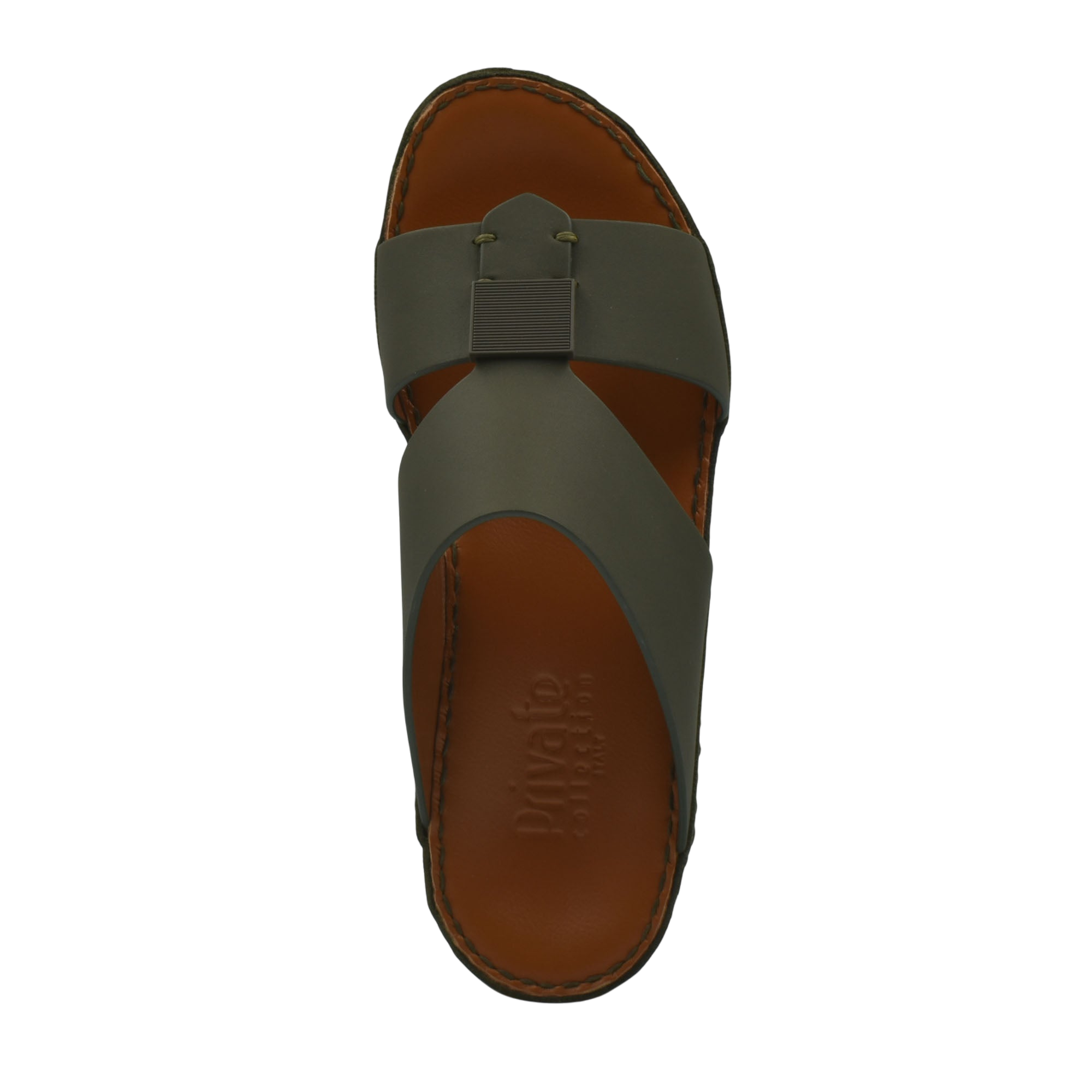 Top view of green Quadratura Gomato sandals with brown footbed and crisscross straps